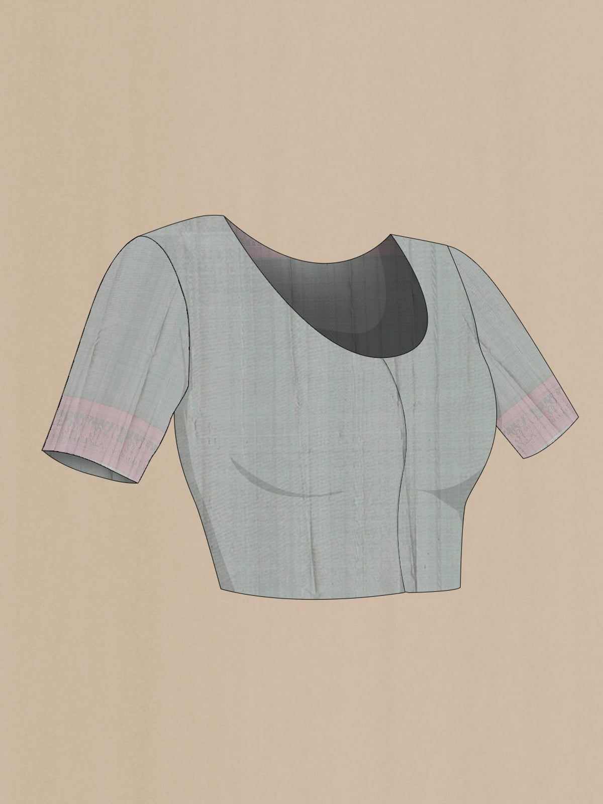 Close up image of the blouse of Pure Silk Davys Grey Kanchipuram Saree with Thread Butta on the body and Thread Border. 