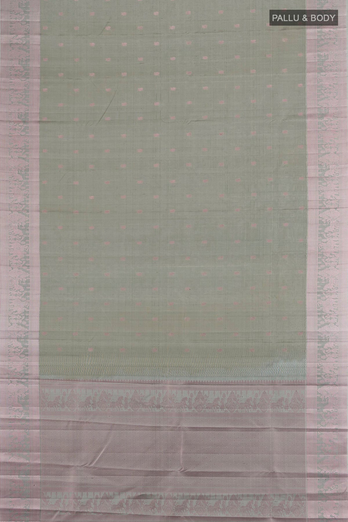 Flat view of Pure Silk Davys Grey Kanchipuram Saree with Thread Butta on the body and Thread Border. 