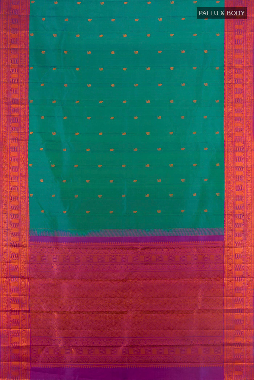 Flat view of Pure Silk Turquoise Kanchipuram Saree with Thread Butta on the body and Thread Border. 