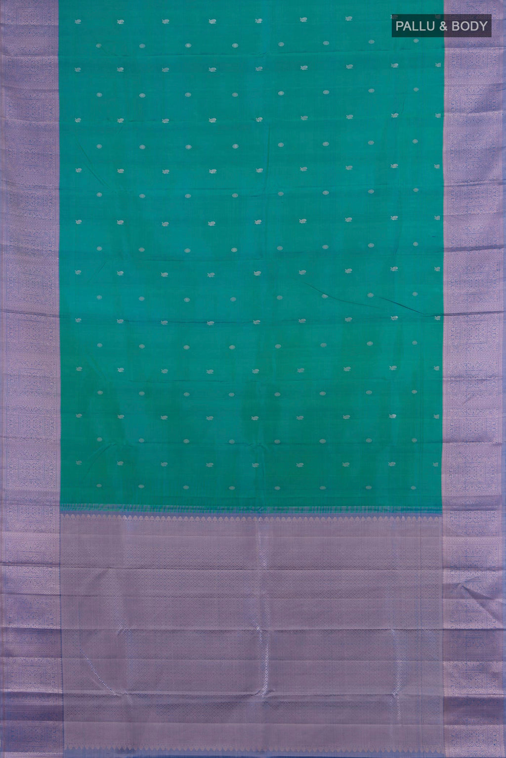 Flat view of Pure Silk Sea Green Kanchipuram Saree with Thread Butta on the body and Thread Border. 