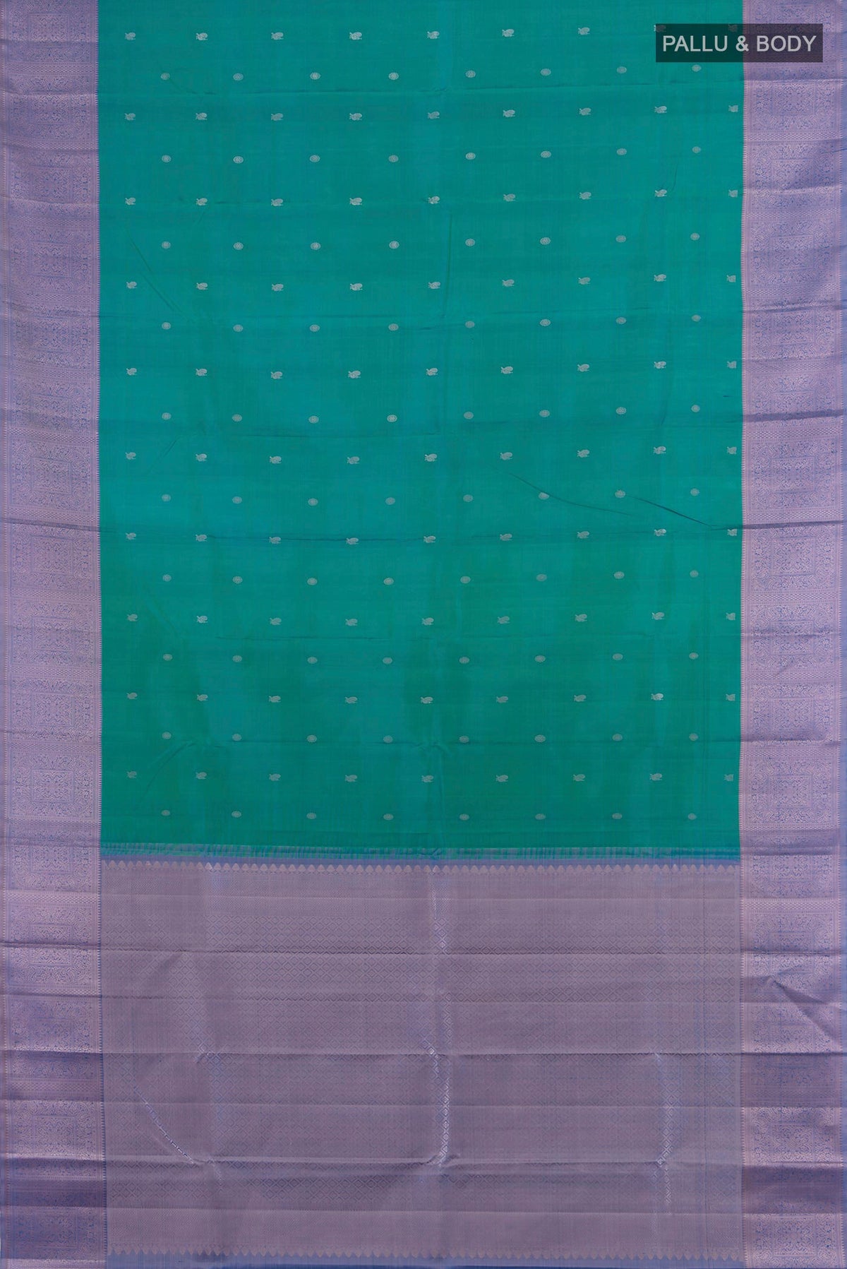 Flat view of Pure Silk Sea Green Kanchipuram Saree with Thread Butta on the body and Thread Border. 