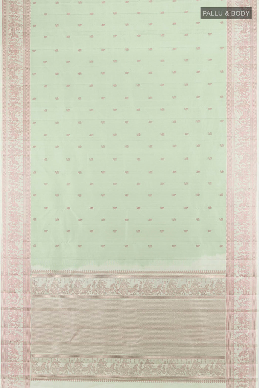 Flat view of Pure Silk Pista Green Kanchipuram Saree with Thread Butta on the body and Thread Border. 