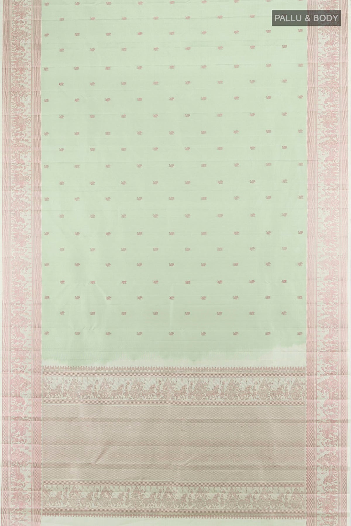 Flat view of Pure Silk Pista Green Kanchipuram Saree with Thread Butta on the body and Thread Border. 