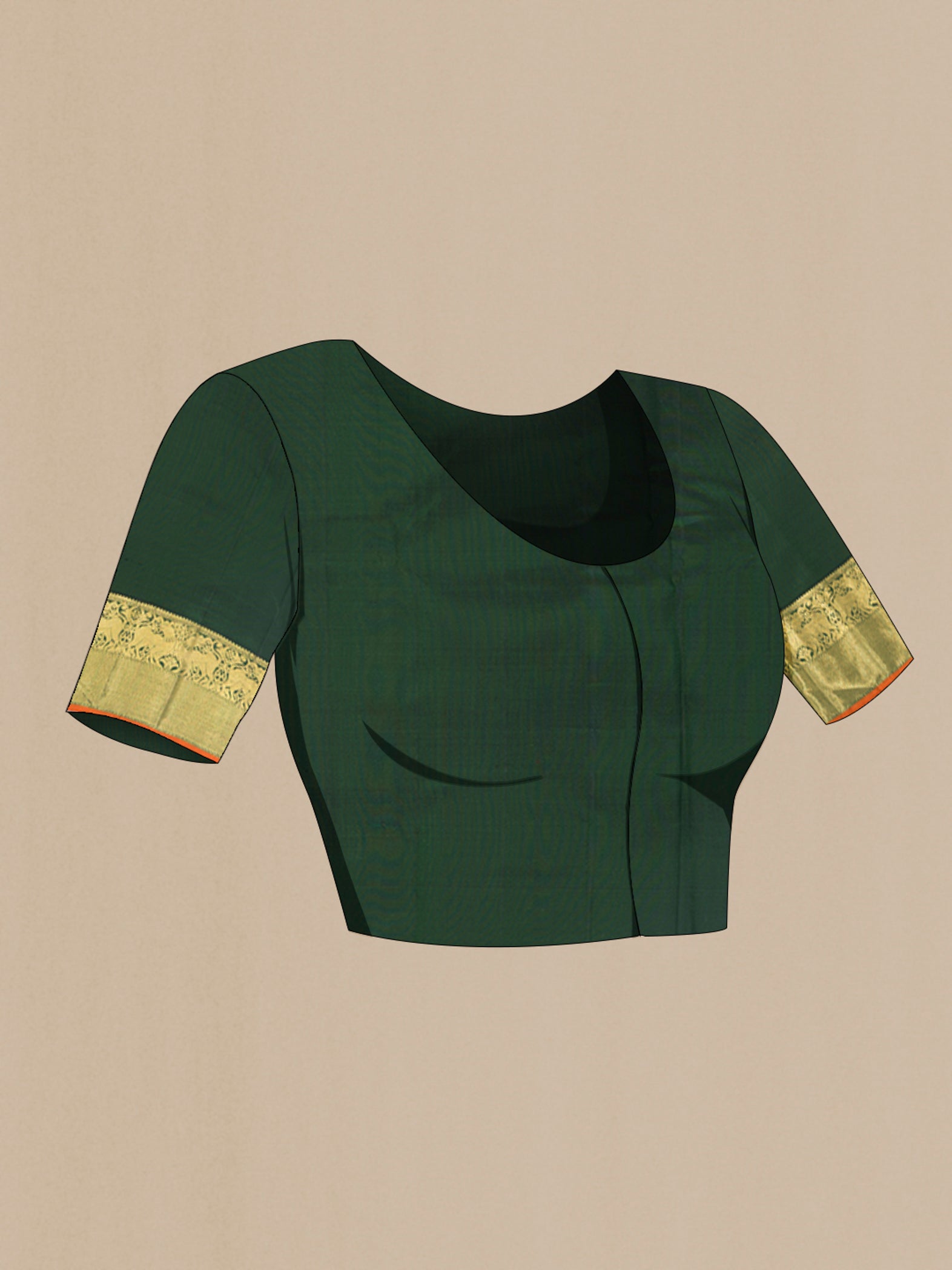 Close up image of the blouse of Bottle Green Kanchipuram Silk Saree with Zari Butta on the body and Zari Border. 