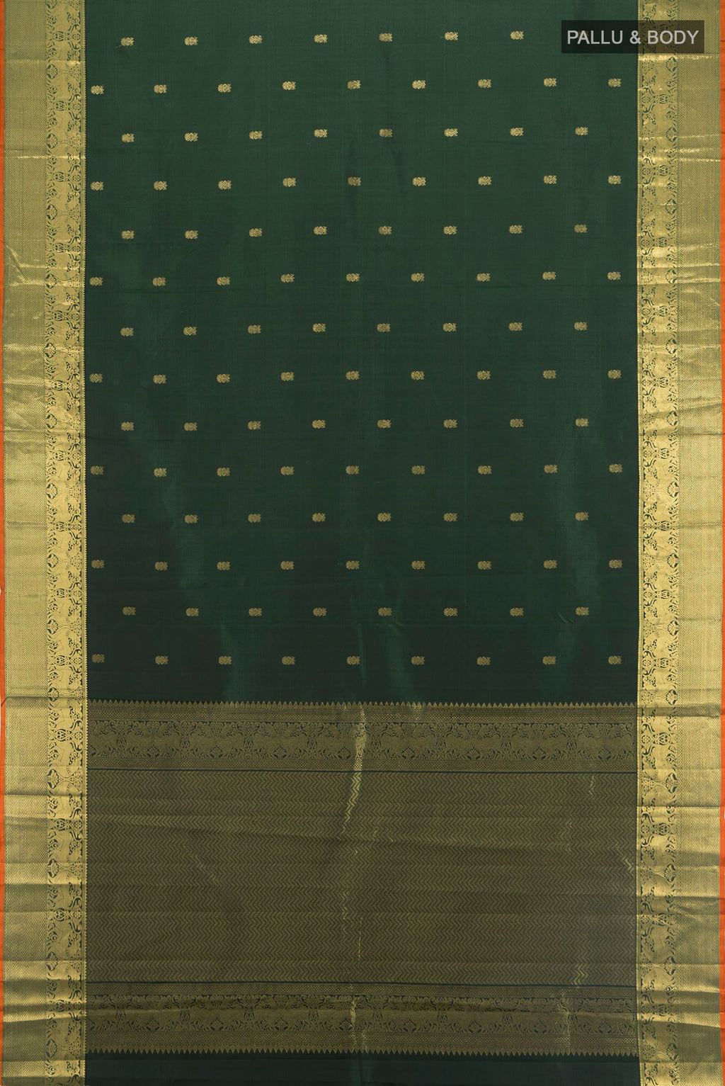 Flat view of Bottle Green Kanchipuram Silk Saree with Zari Butta on the body and Zari Border. 