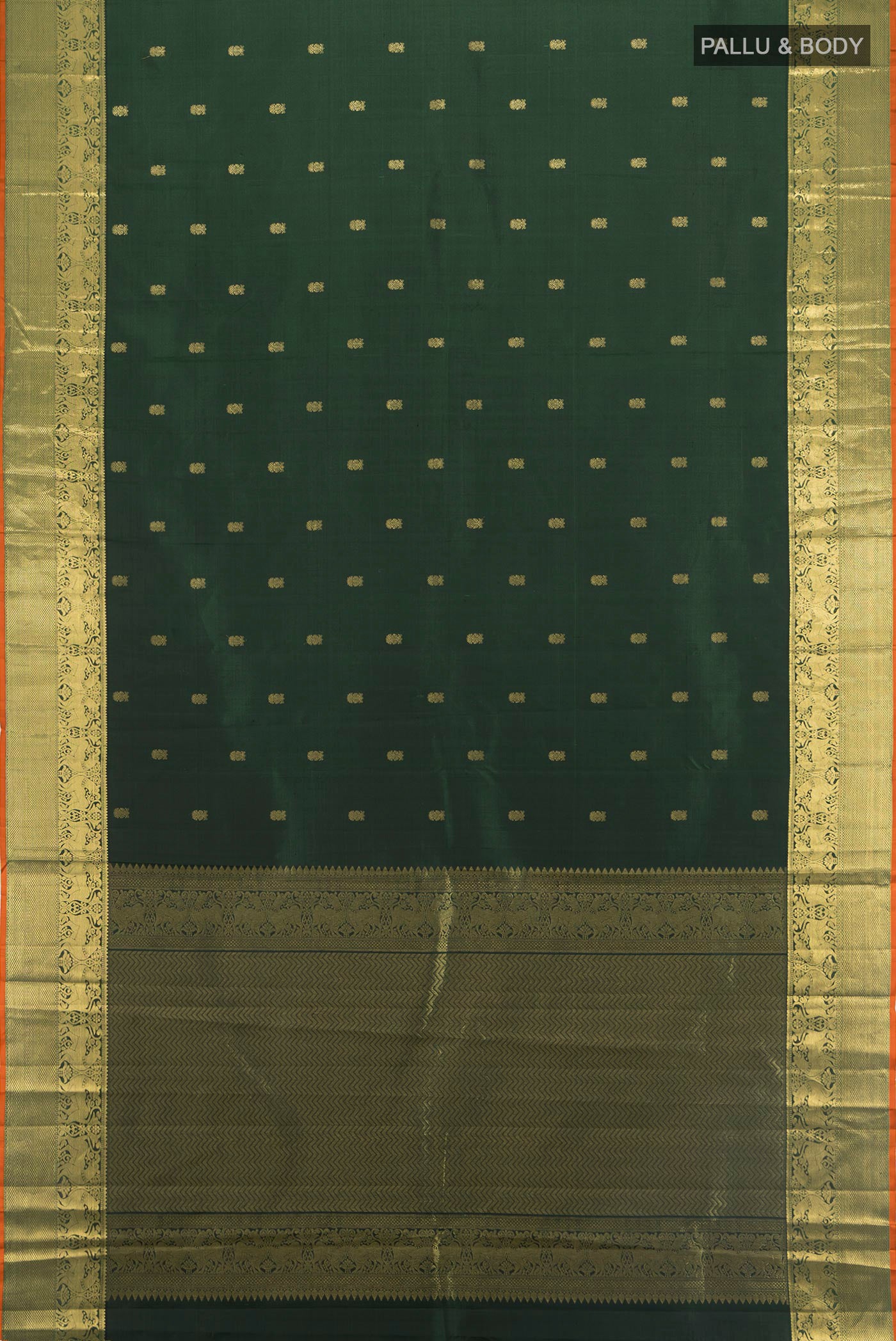 Flat view of Bottle Green Kanchipuram Silk Saree with Zari Butta on the body and Zari Border. 