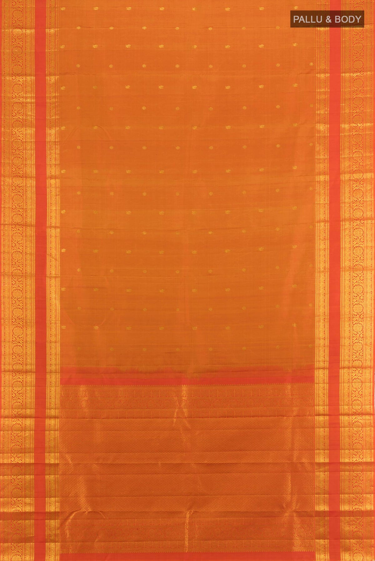 Flat view of Pure Silk Mustard Kanchipuram Saree with Zari Butta on the body and Zari Border. 