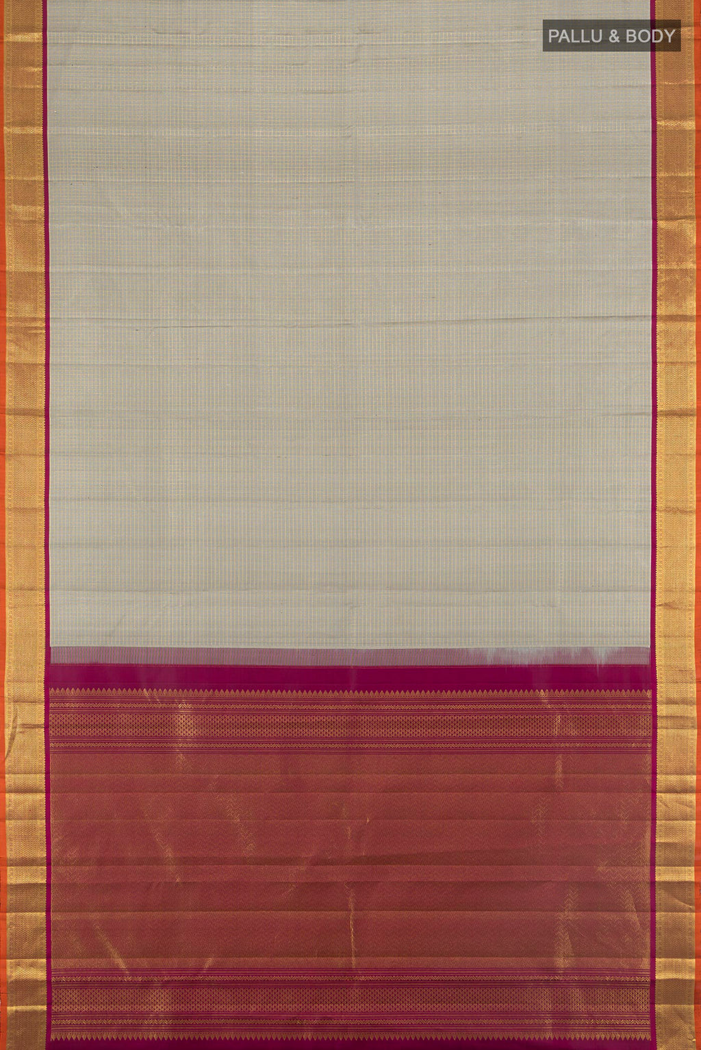 Flat view of Davys Grey Kanjivaram Silk Saree with Checked design on the body and Zari Border. 