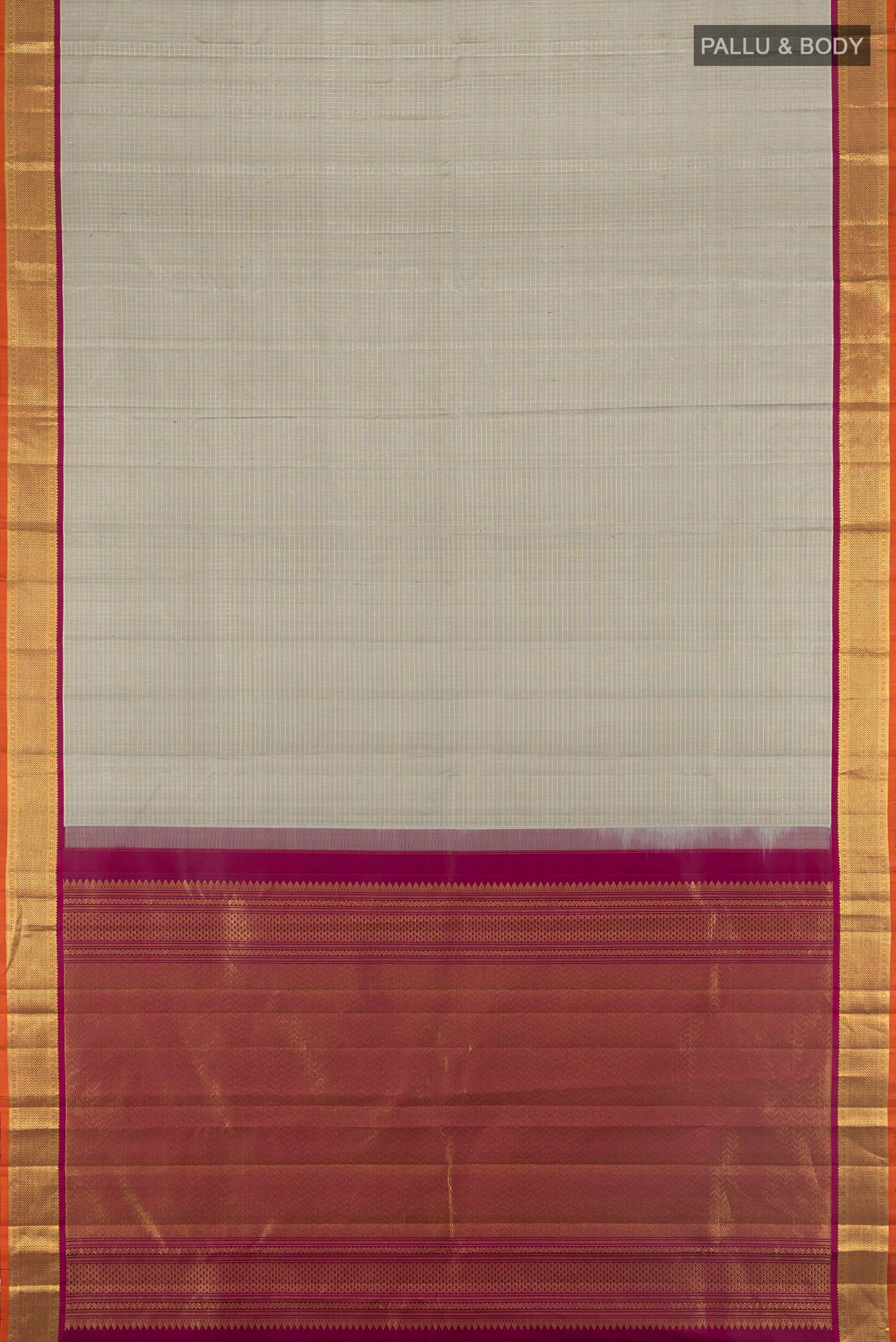 Flat view of Davys Grey Kanjivaram Silk Saree with Checked design on the body and Zari Border. 
