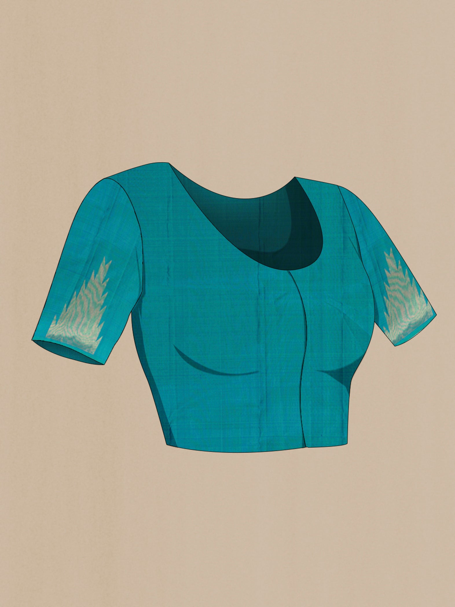 Close up image of the blouse of Peacock Blue Kanjivaram Silk Saree with Plain Body and Temple Border. 