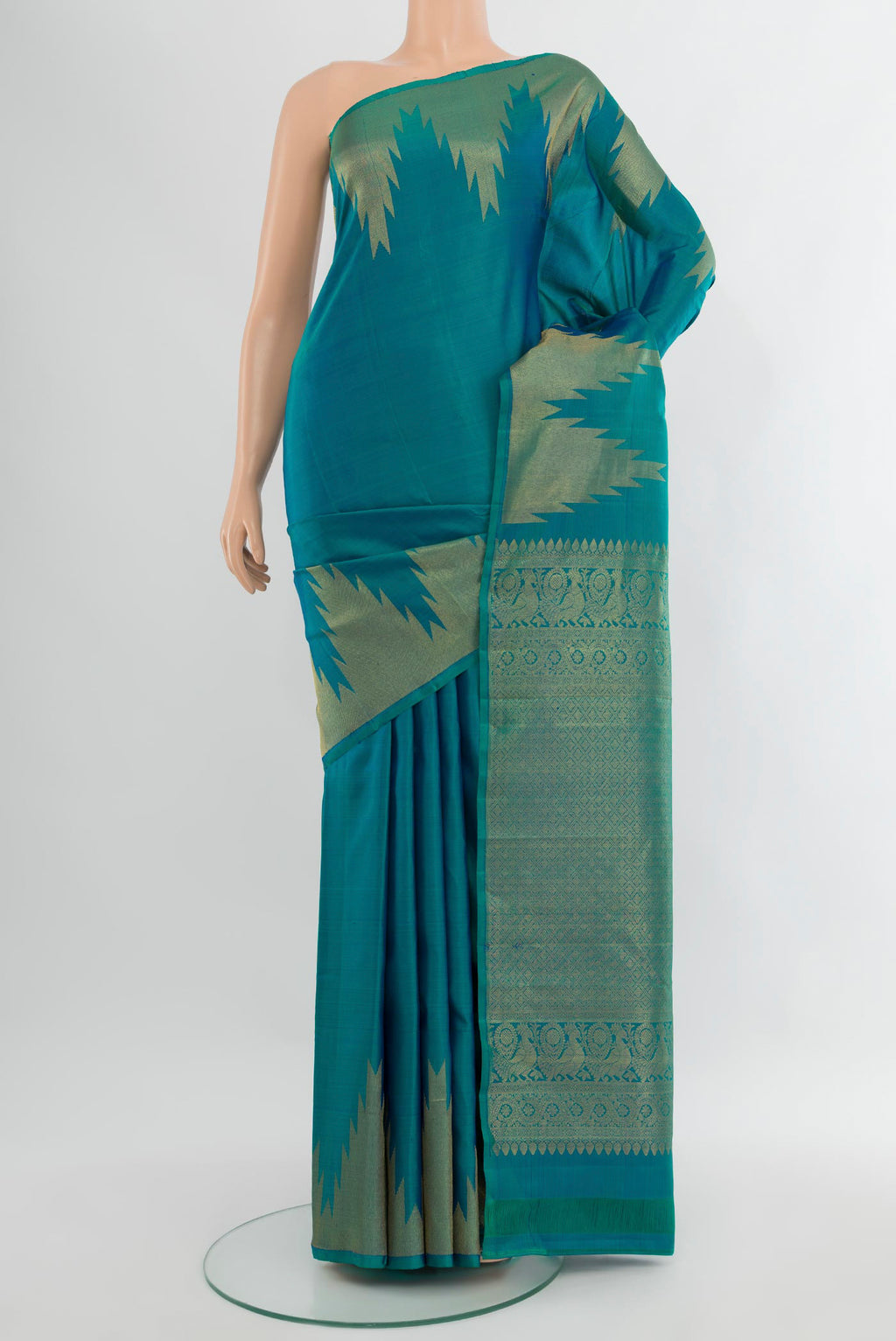 Peacock Blue Kanjivaram Silk Saree with Plain Body and Temple Border.  displayed on a mannequin