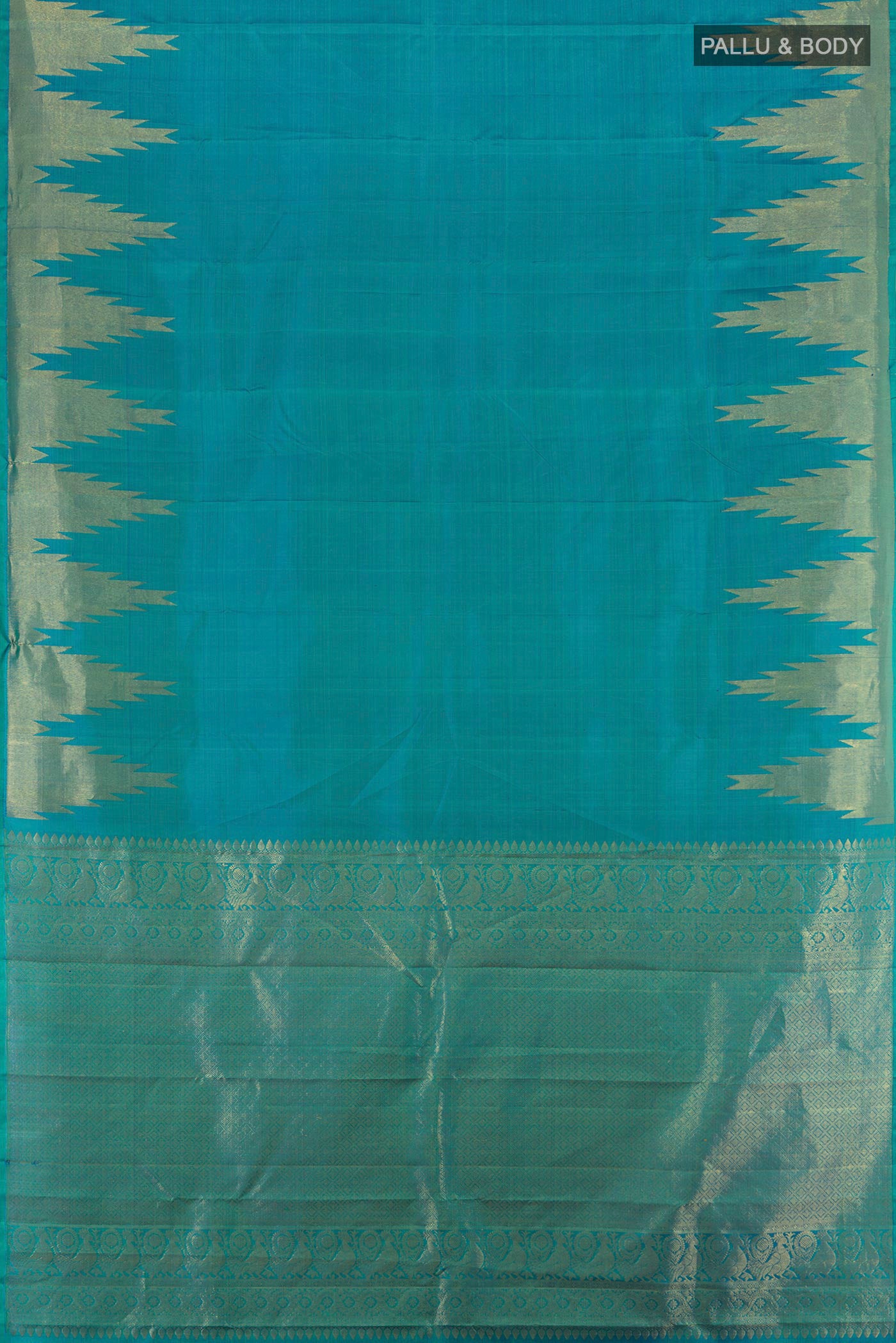 Flat view of Peacock Blue Kanjivaram Silk Saree with Plain Body and Temple Border. 