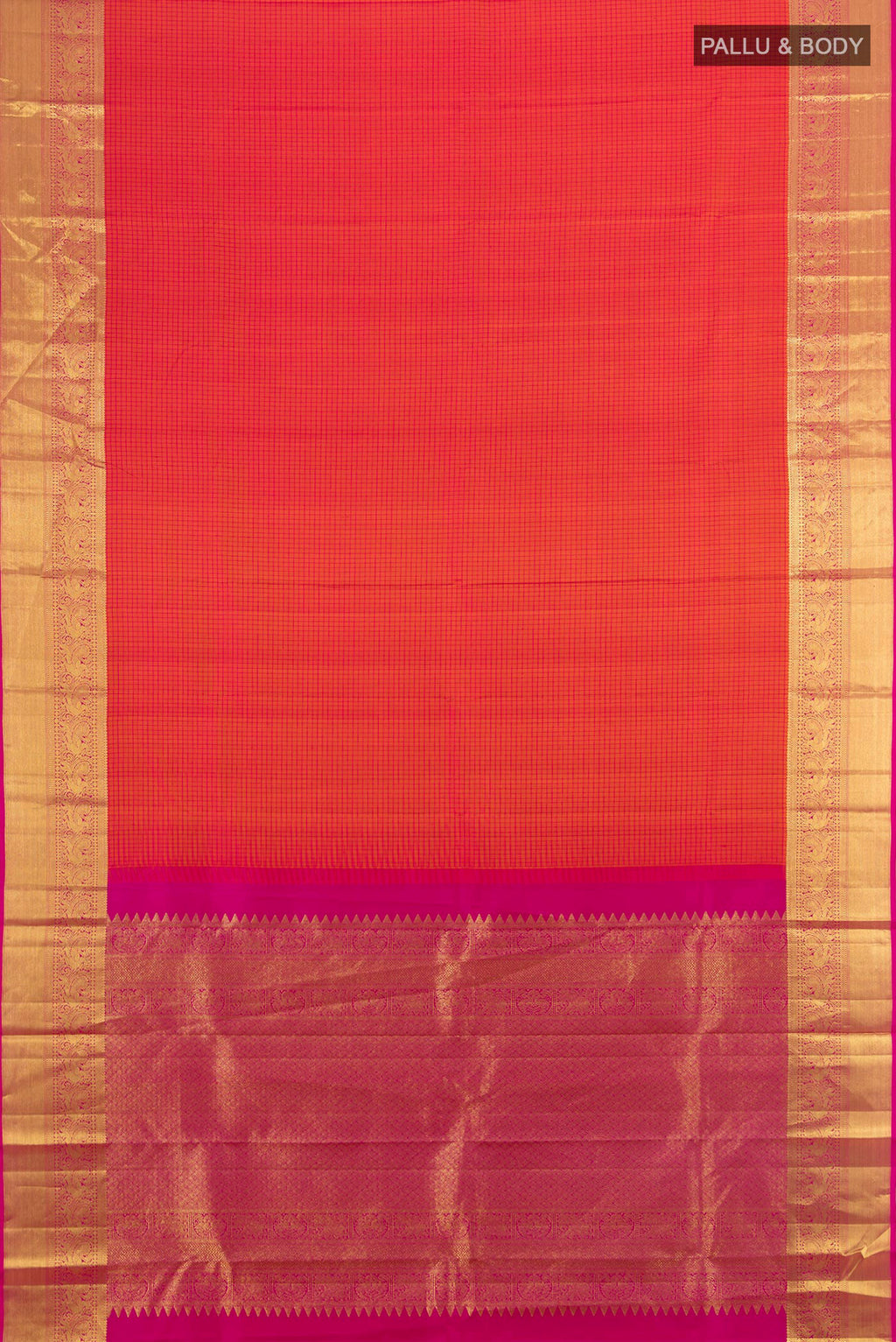 Flat view of Pure Silk Orange Kanjivaram Saree with Checked design on the body and Zari Border. 