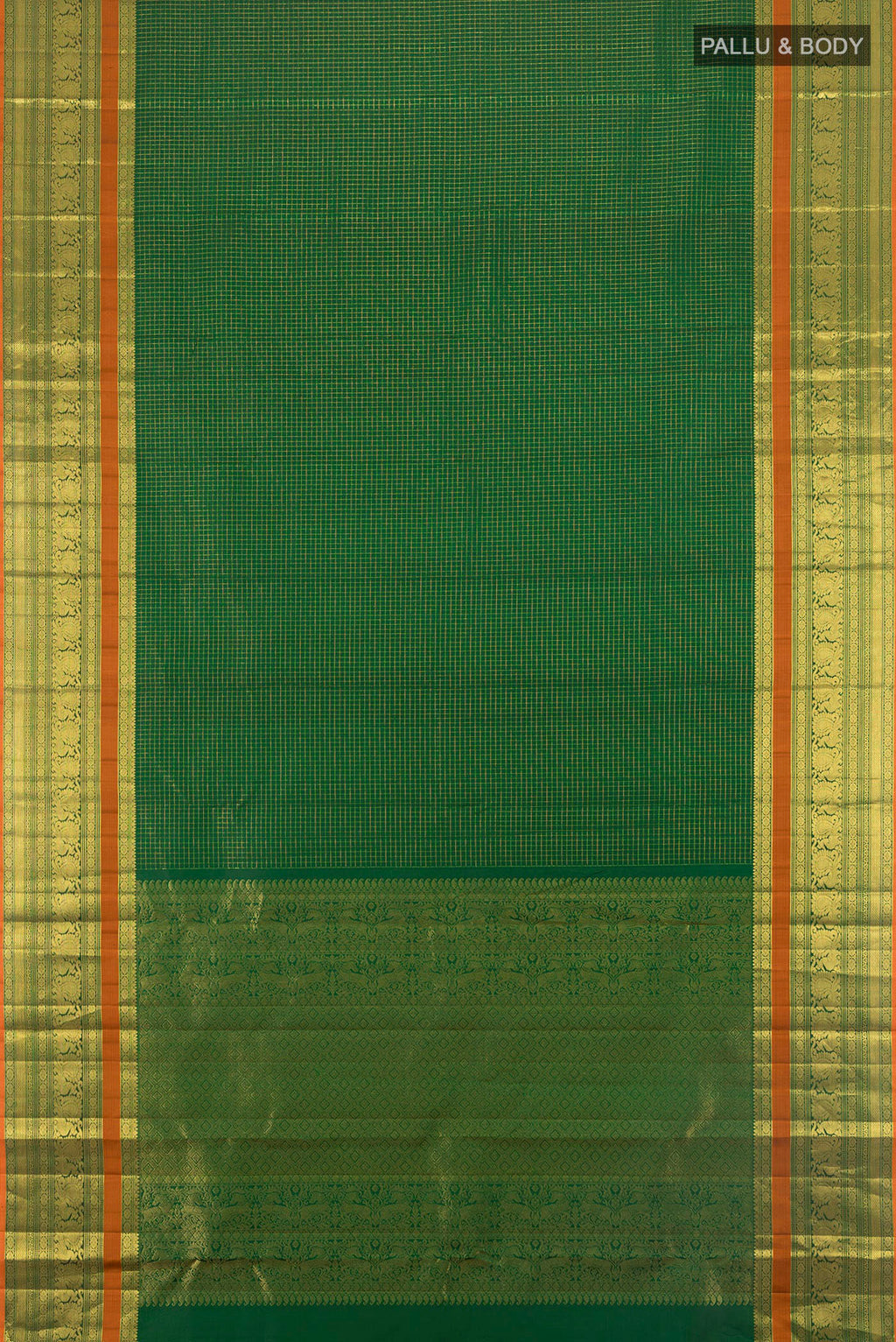 Flat view of Bottle Green Kanjivaram Silk Saree with Checked design on the body and Zari Border. 