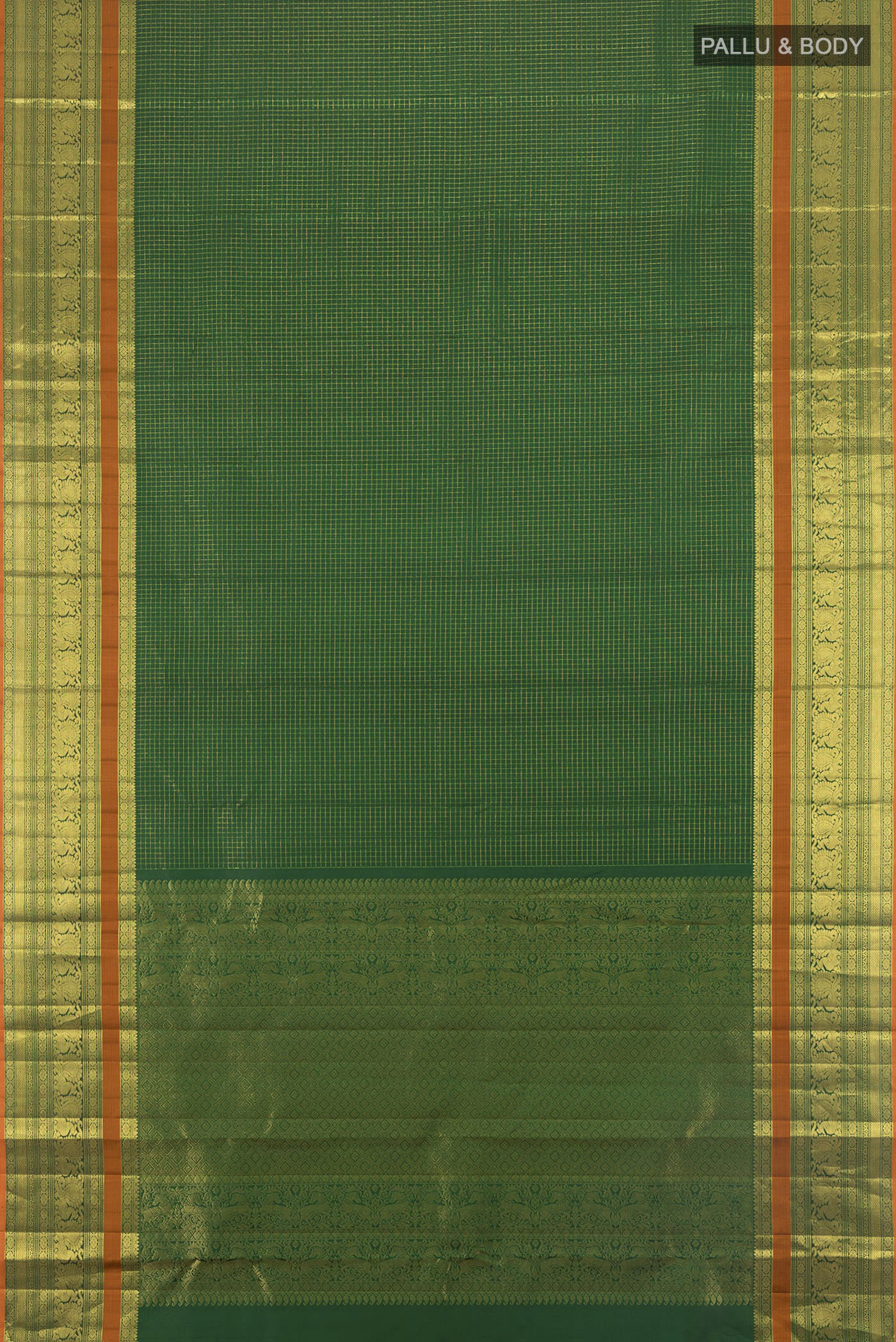 Flat view of Bottle Green Kanjivaram Silk Saree with Checked design on the body and Zari Border. 