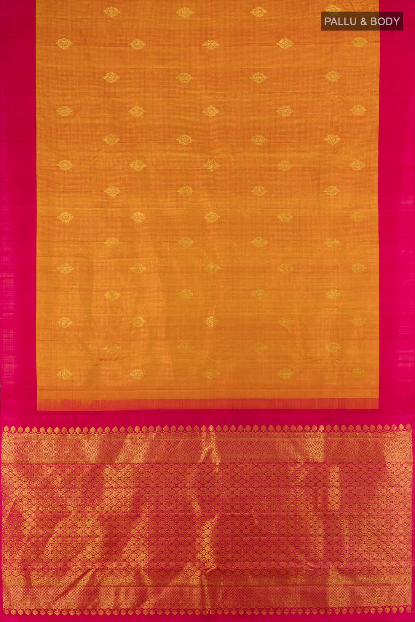 Flat view of Mustard Kanjivaram Silk Saree with Zari Butta on the body and Silk Border. 