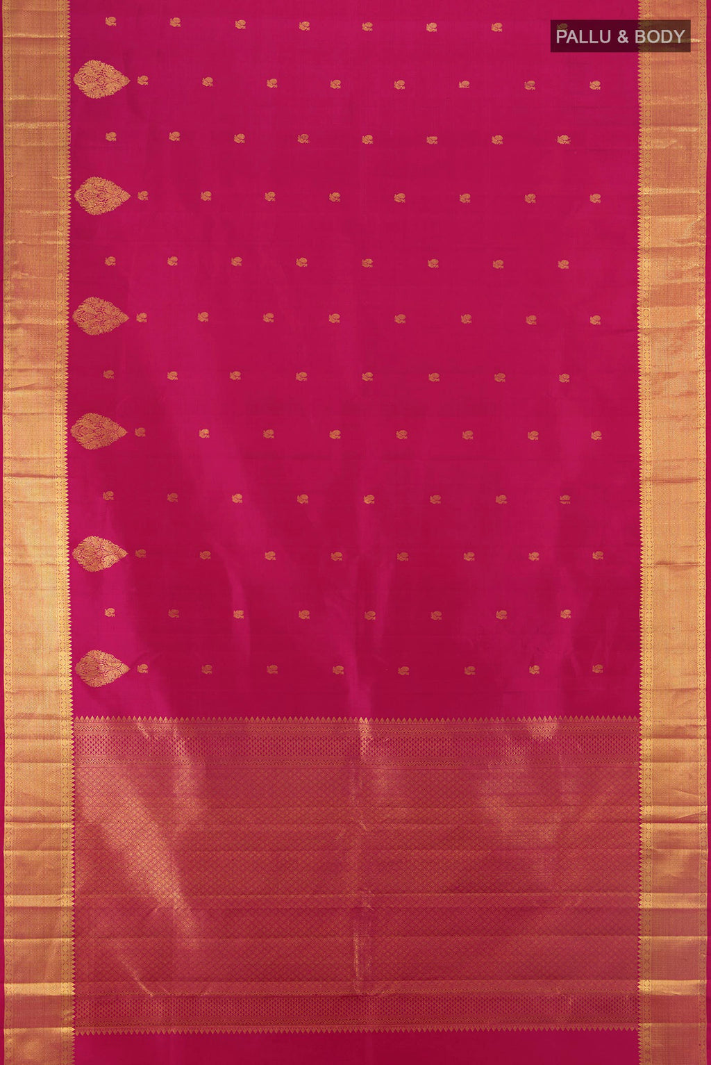 Flat view of Pure Silk Magenta Kanjivaram Saree with Zari Butta on the body and Zari Border. 