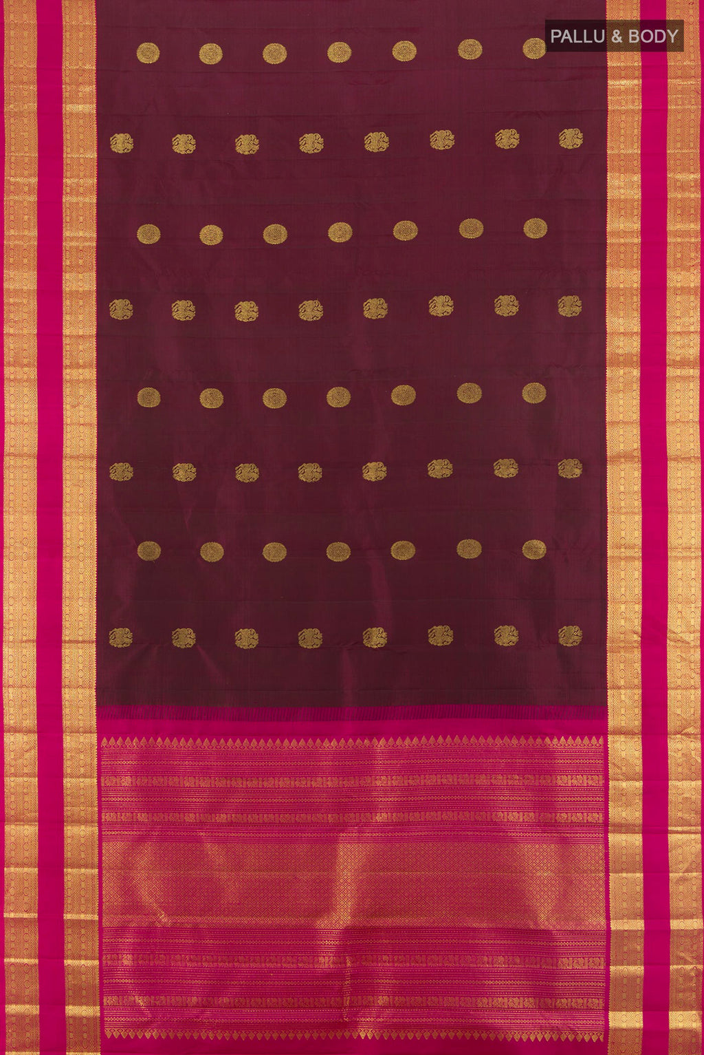 Flat view of Coffee Brown Kanjivaram Silk Saree with Zari Butta on the body and Zari Border. 