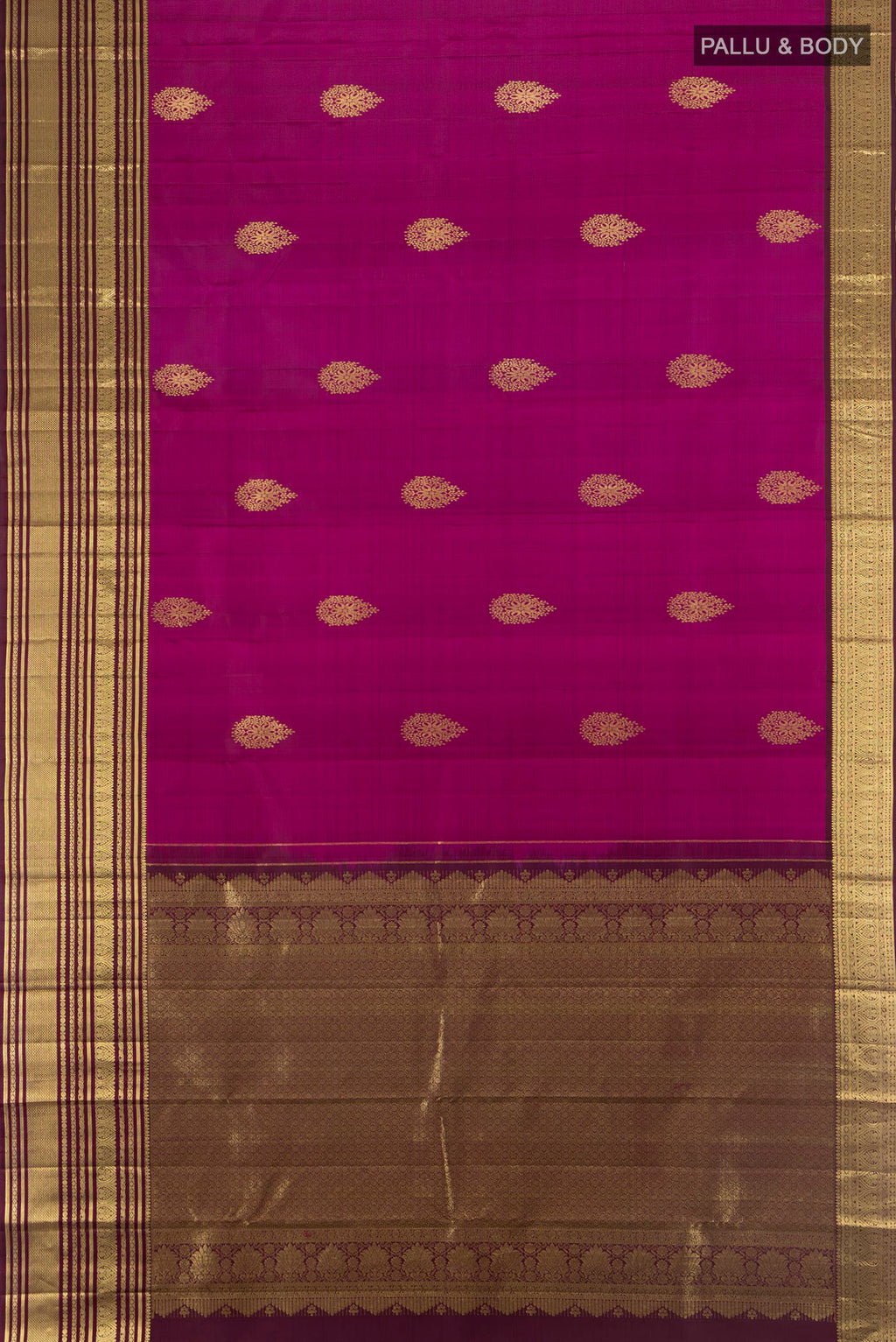 Flat view of Magenta Kanjivaram Silk Saree with Zari Butta on the body and Zari Border. 
