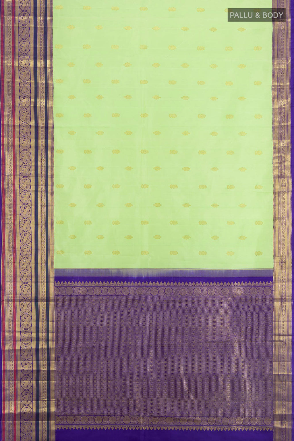 Flat view of Pista Green Kanjivaram Silk Saree with Zari Butta on the body and Zari Border. 