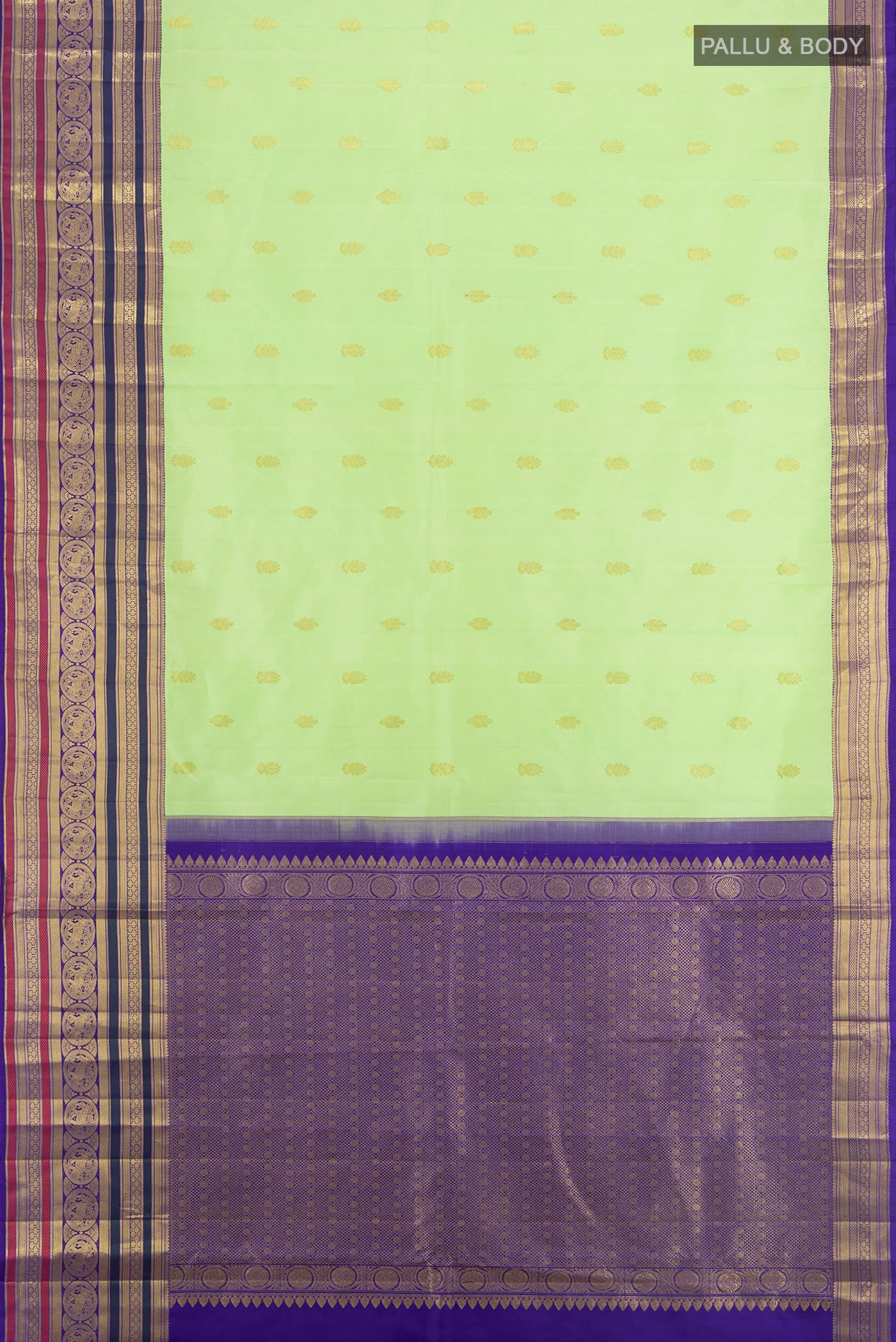Flat view of Pista Green Kanjivaram Silk Saree with Zari Butta on the body and Zari Border. 