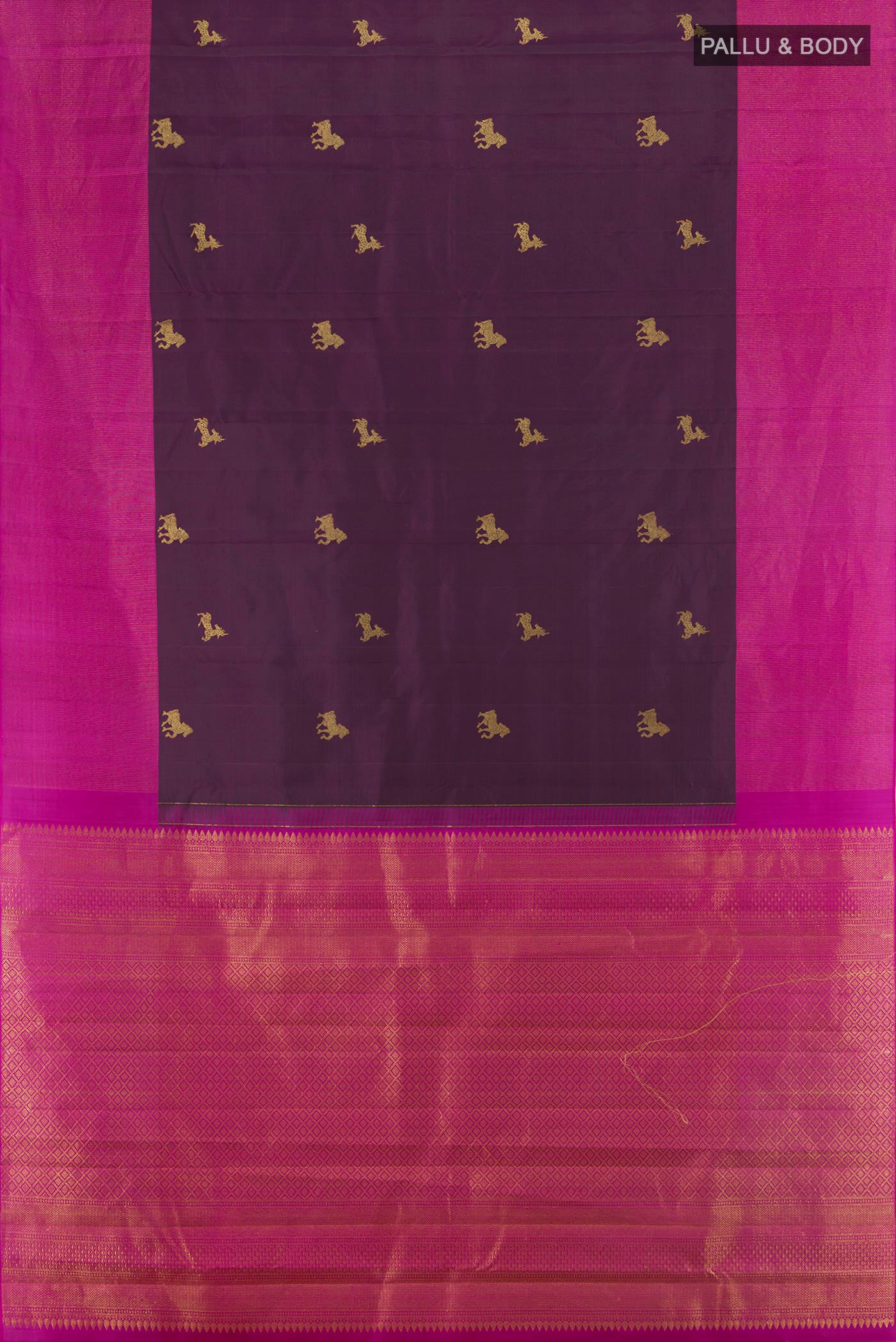 Flat view of Purple Kanjivaram Silk Saree with Zari Butta on the body and Zari Border. 