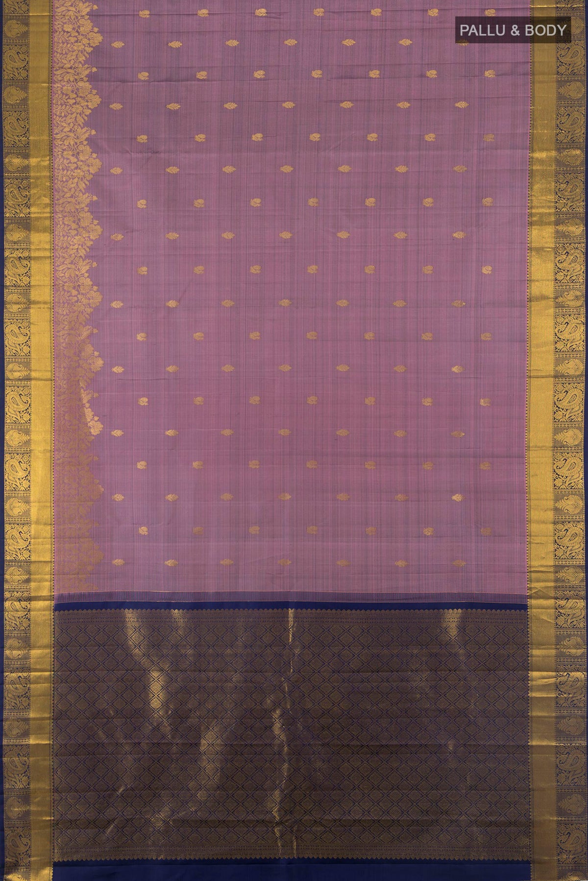 Flat view of Pure Silk Lavender Kanjivaram Saree with Zari Butta on the body and Zari Border. 
