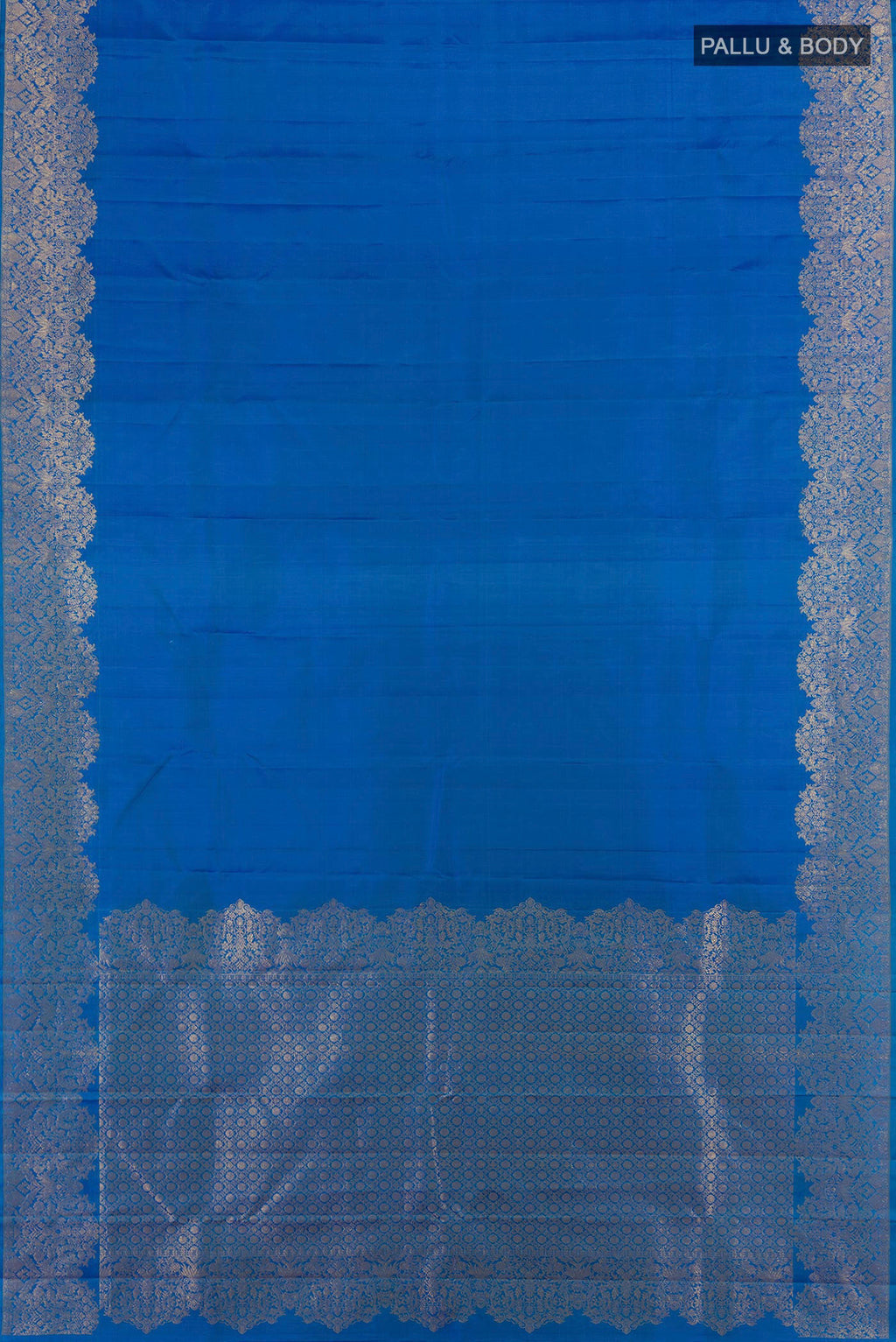 Flat view of Pure Silk Blue Kanchipuram Saree with Plain Body and Fancy Border. 