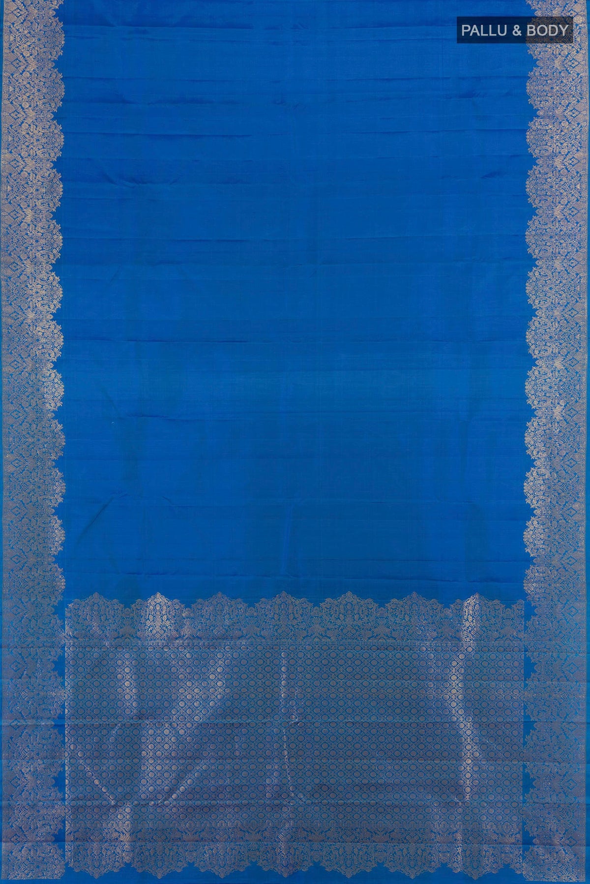 Flat view of Pure Silk Blue Kanchipuram Saree with Plain Body and Fancy Border. 