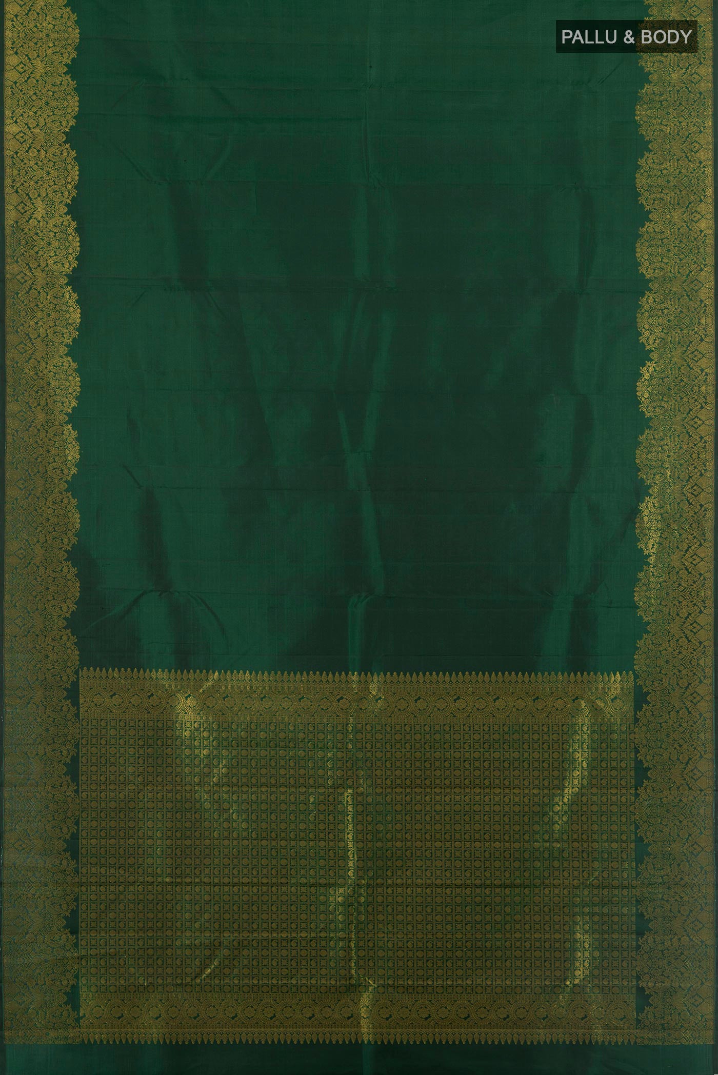 Flat view of Pure Silk Bottle Green Kanchipuram Saree with Plain Body and Zari Border. 