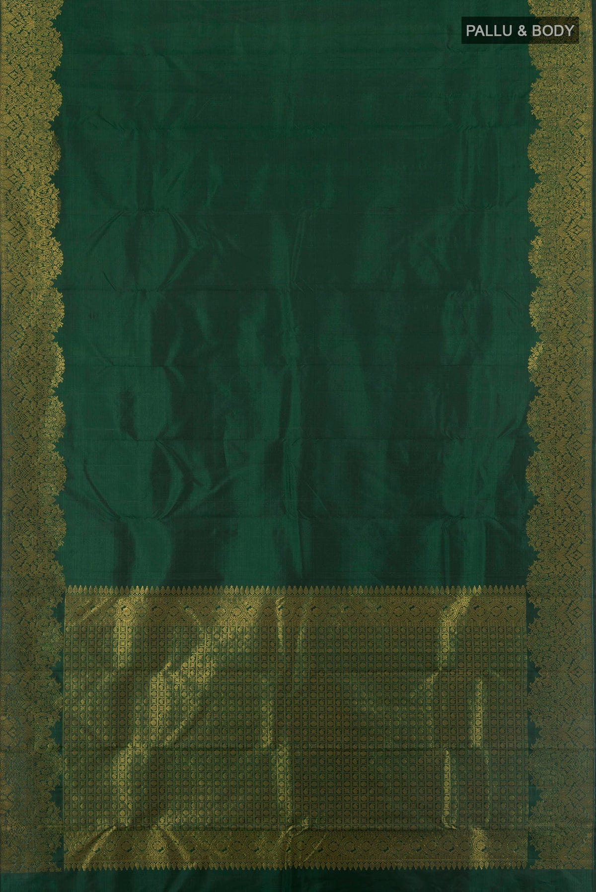 Flat view of Pure Silk Bottle Green Kanchipuram Saree with Plain Body and Fancy Border. 