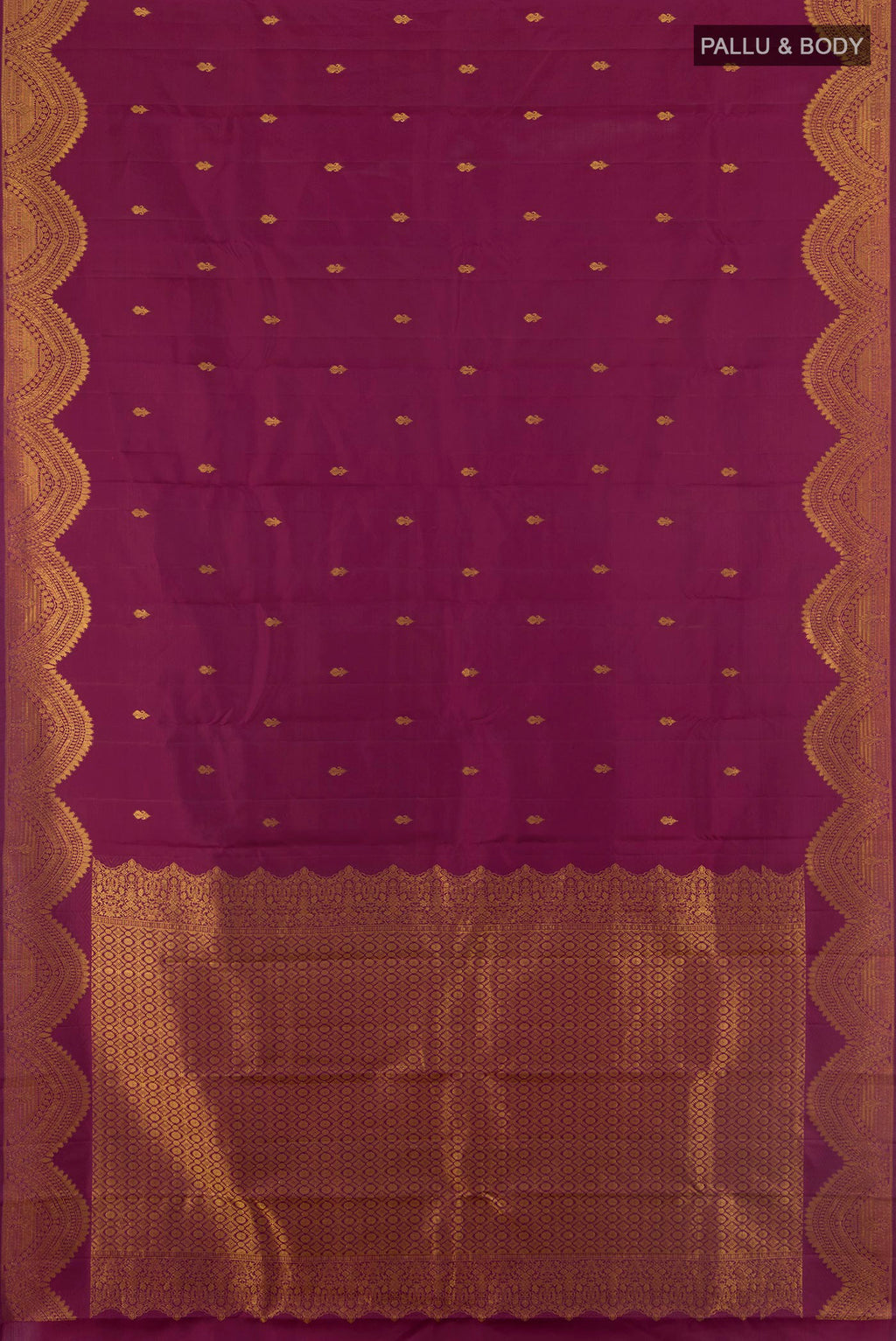 Flat view of Pure Silk Purple Kanjivaram Saree with Zari Butta on the body and Fancy Border. 