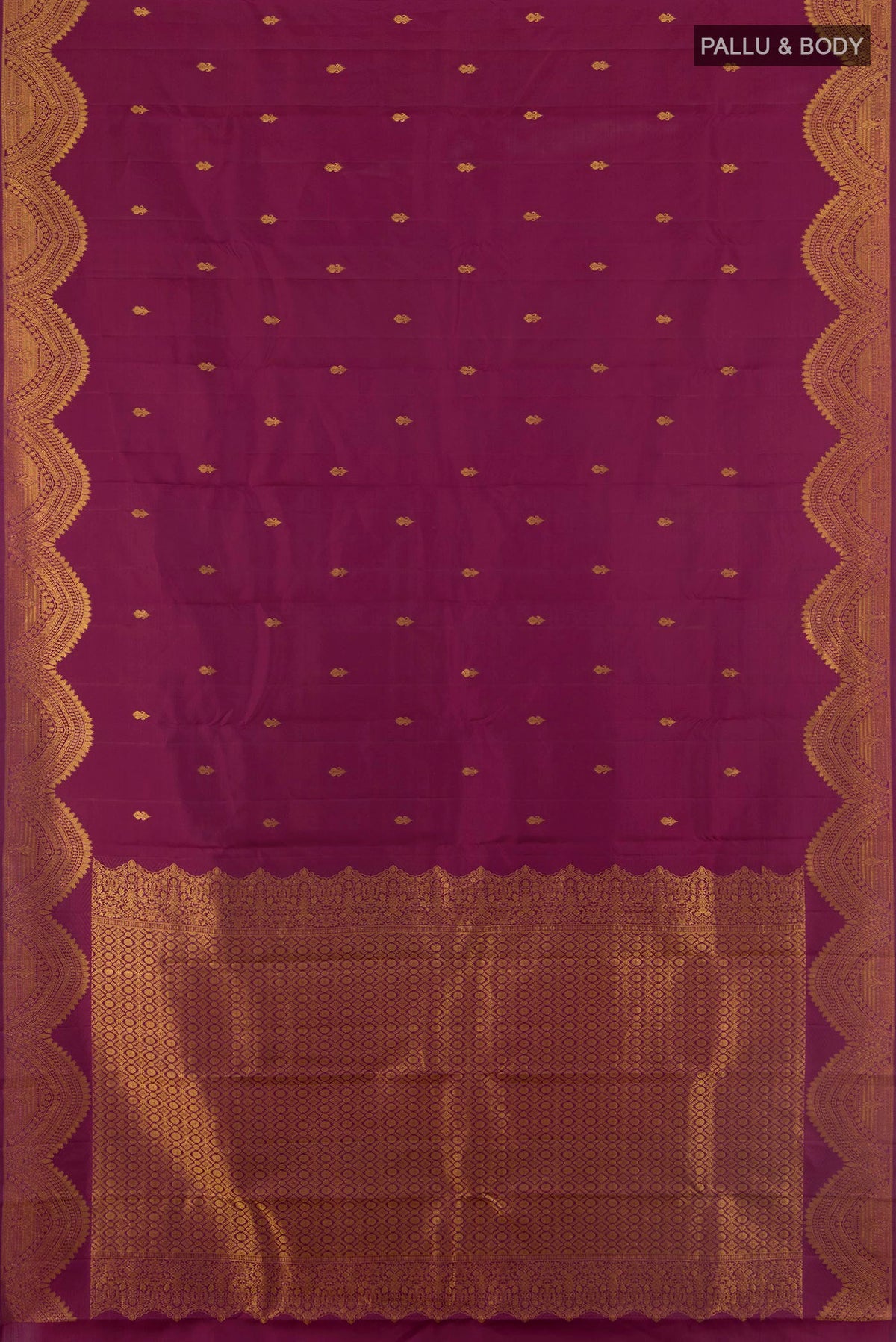 Flat view of Pure Silk Purple Kanjivaram Saree with Zari Butta on the body and Fancy Border. 
