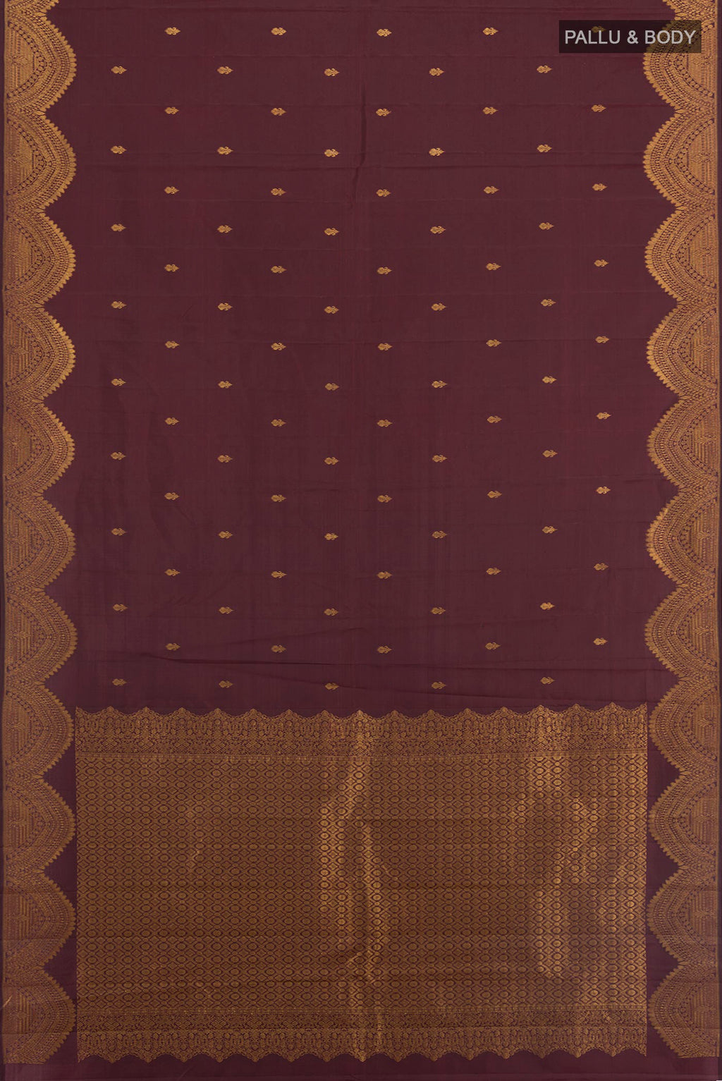 Flat view of Coffee Brown Kanjivaram Silk Saree with Zari Butta on the body and Zari Border. 