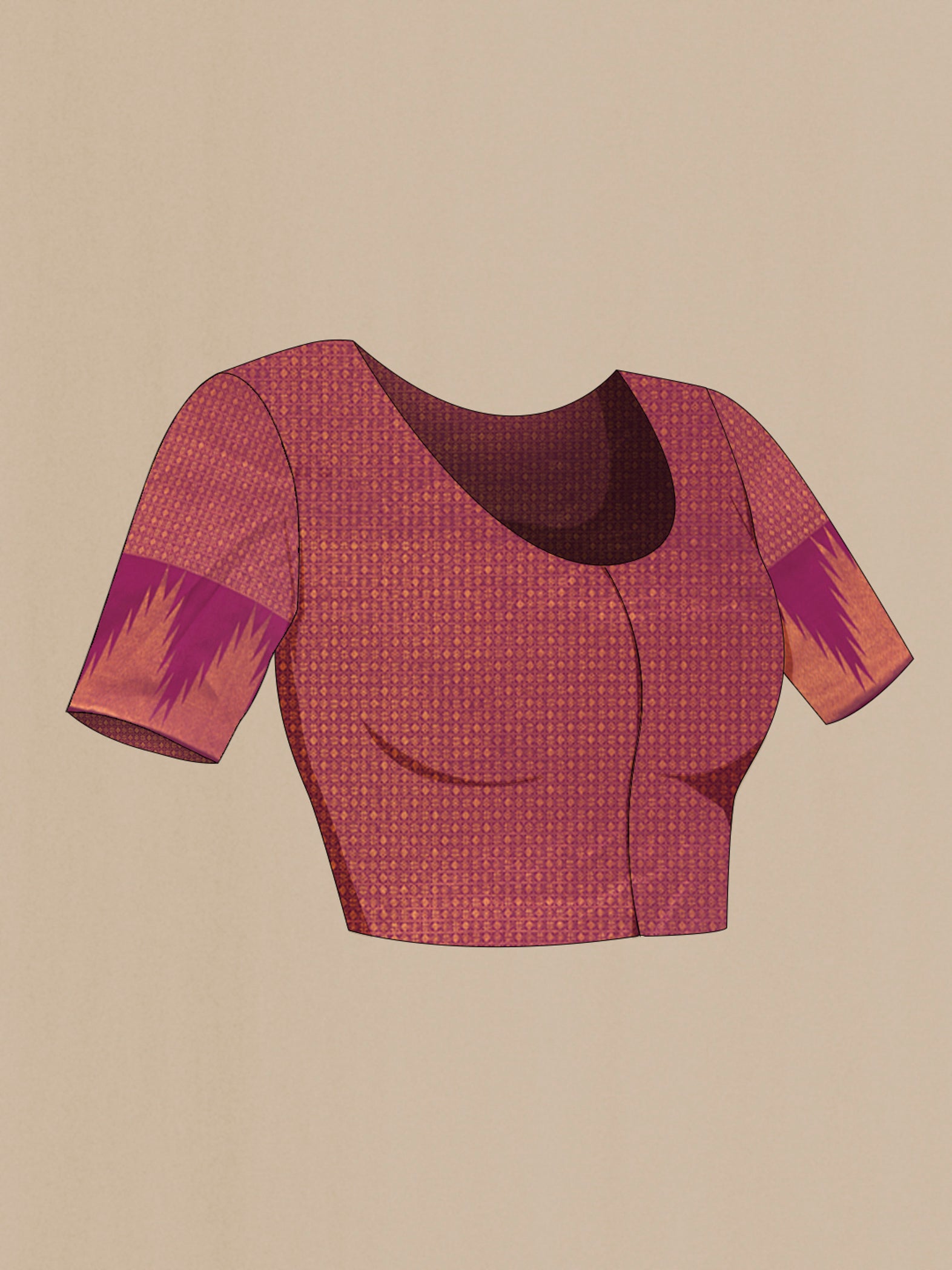 Close up image of the blouse of Magenta Kanchipuram Silk Saree with Zari Butta on the body and Temple Border. 