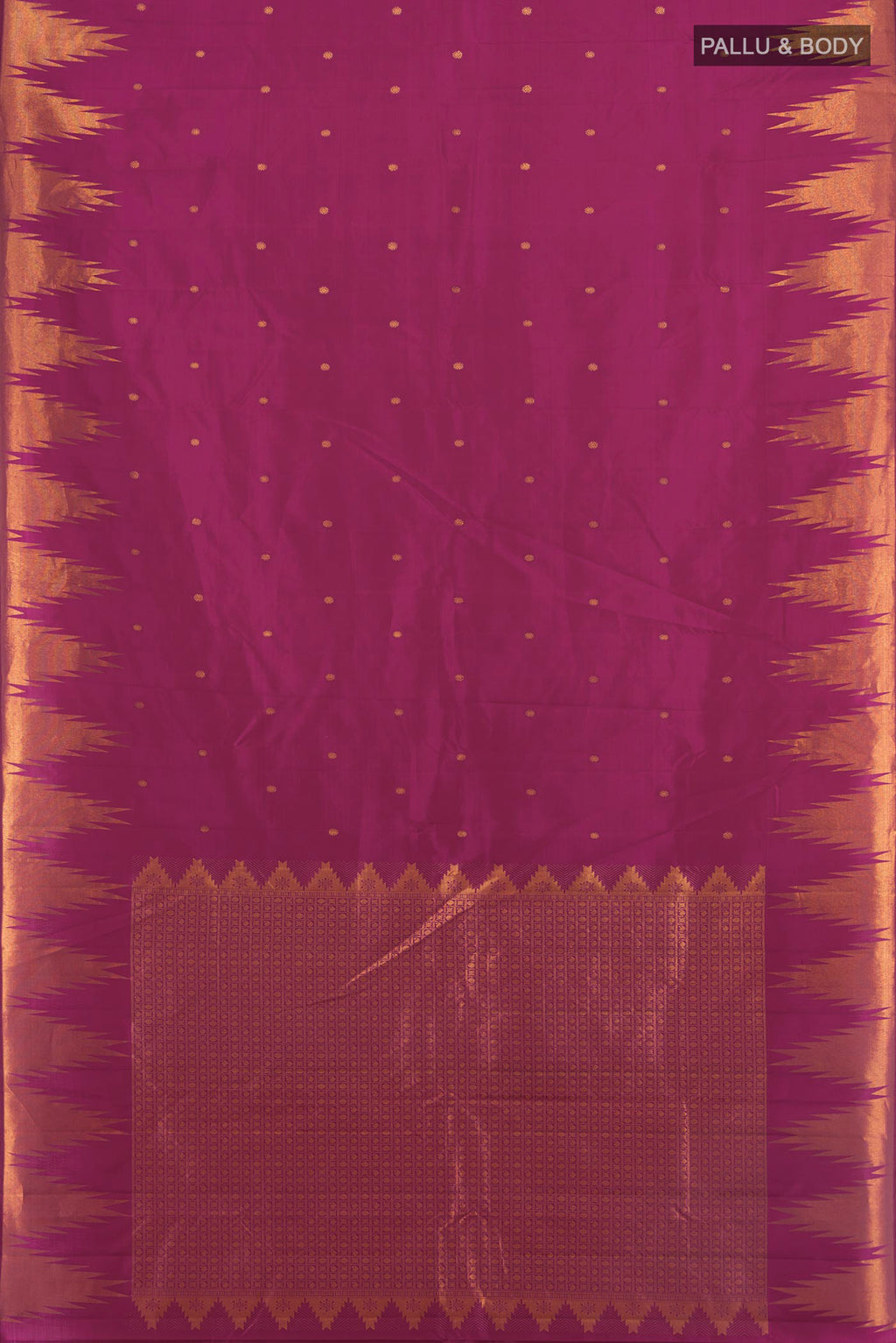 Flat view of Magenta Kanchipuram Silk Saree with Zari Butta on the body and Temple Border. 