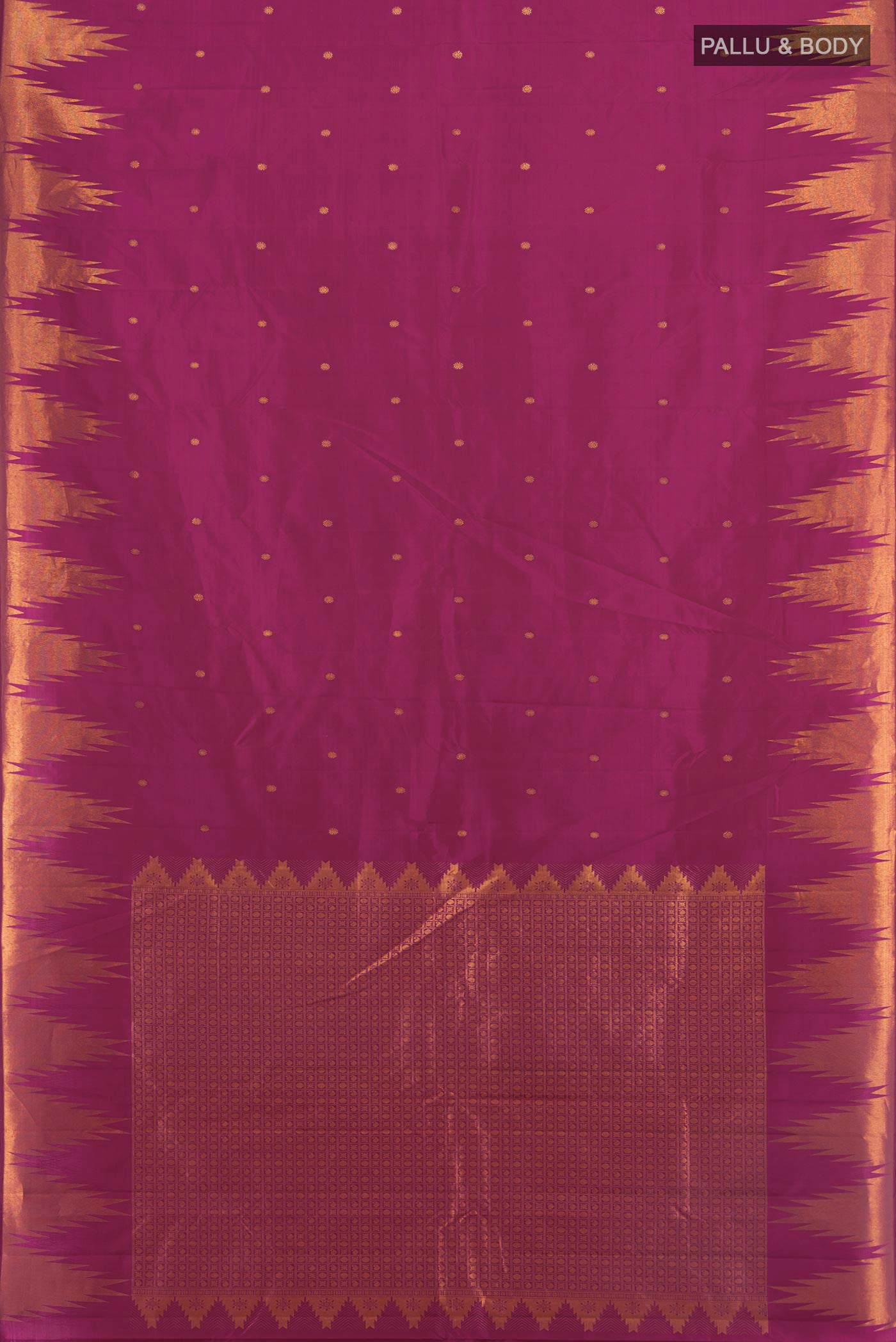 Flat view of Magenta Kanchipuram Silk Saree with Zari Butta on the body and Temple Border. 