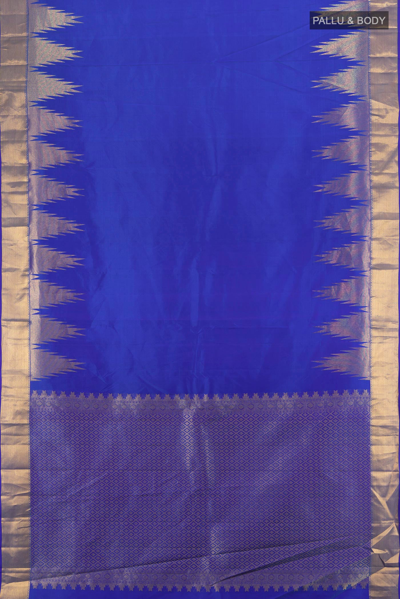 Flat view of Royal Blue Kanchipuram Silk Saree with Plain Body and Temple Border. 
