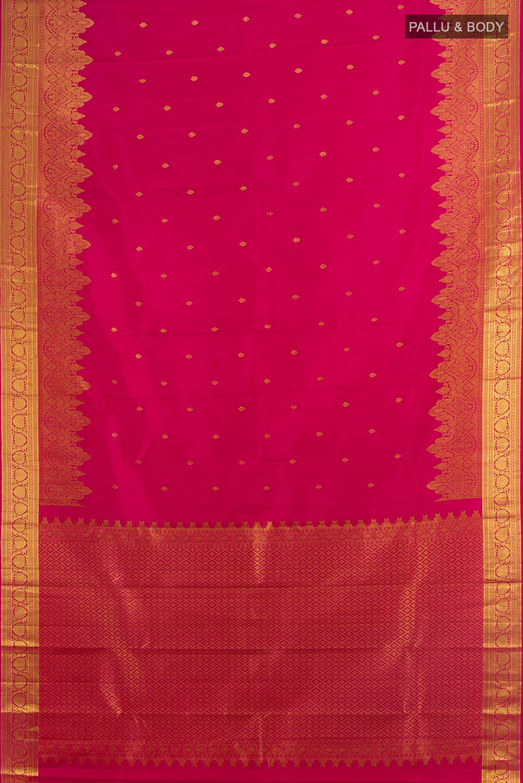 Flat view of Pure Silk Dark Pink Kanjivaram Saree with Zari Butta on the body and Silk Border. 