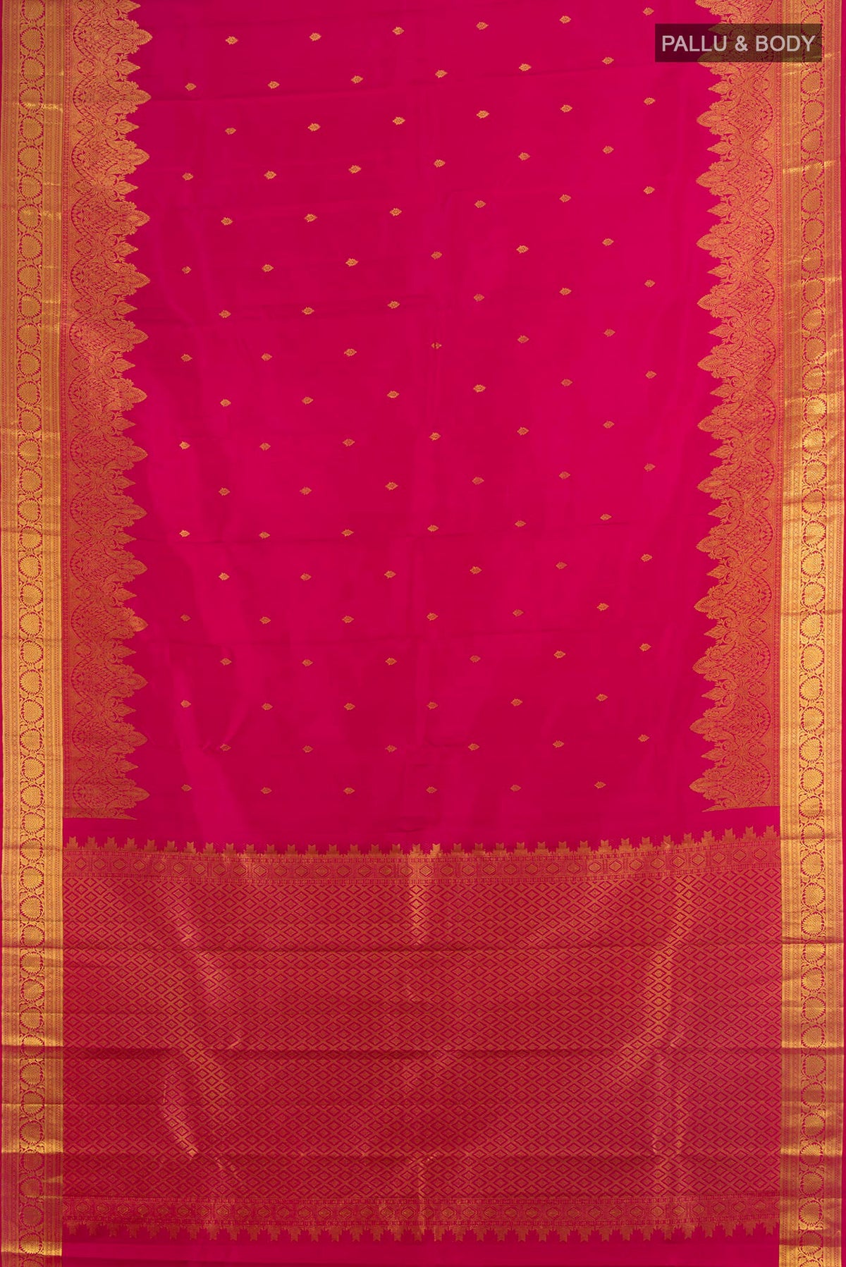 Flat view of Pure Silk Dark Pink Kanjivaram Saree with Zari Butta on the body and Silk Border. 