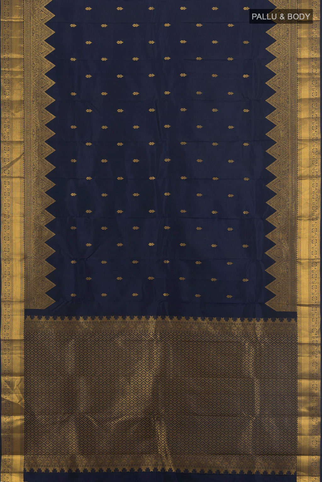 Flat view of Pure Silk Navy Blue Kanjivaram Saree with Zari Butta on the body and Temple Border. 