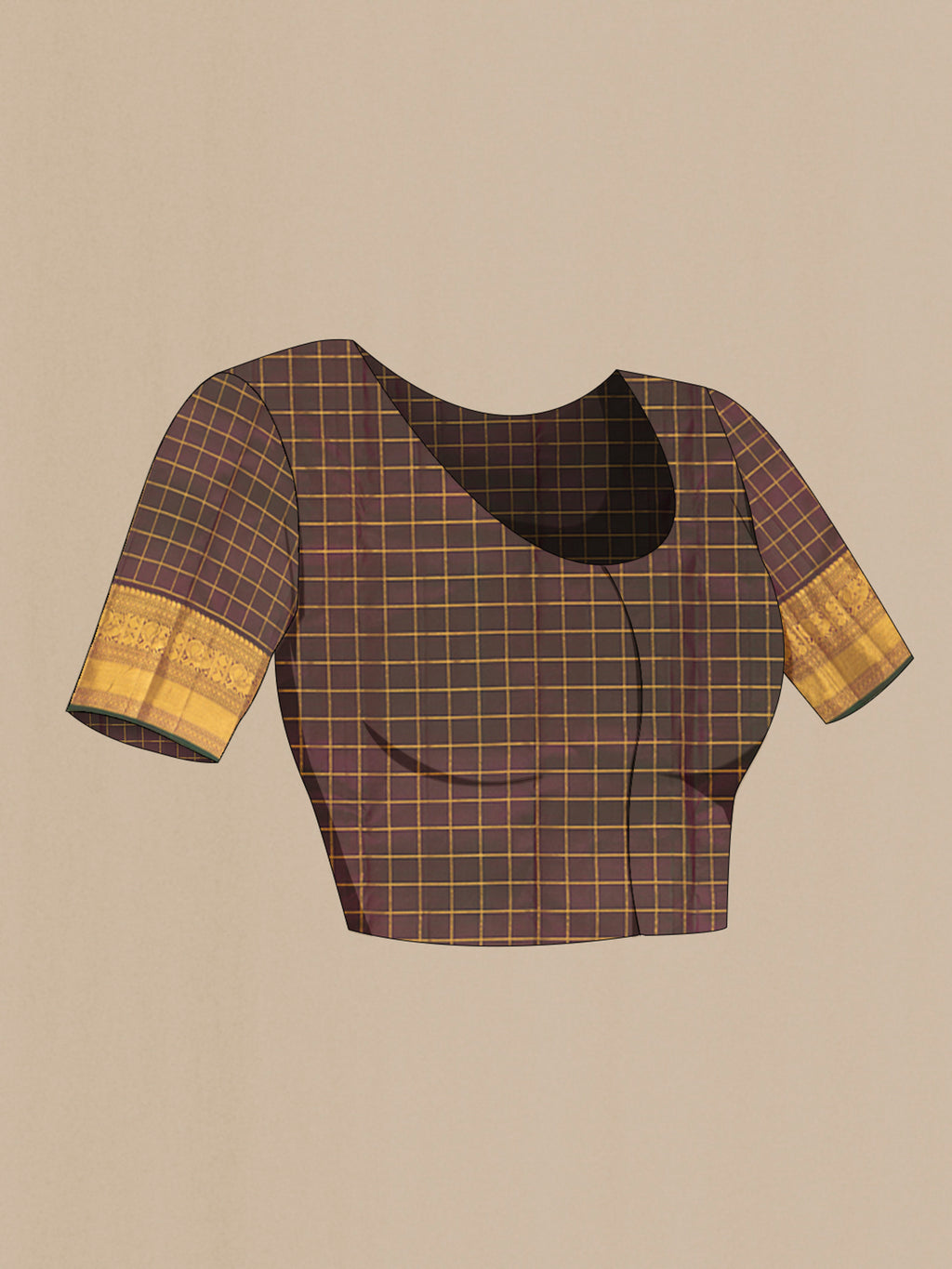 Close up image of the blouse of Purple Kanjivaram Silk Saree with Checked design on the body and Zari Border. 