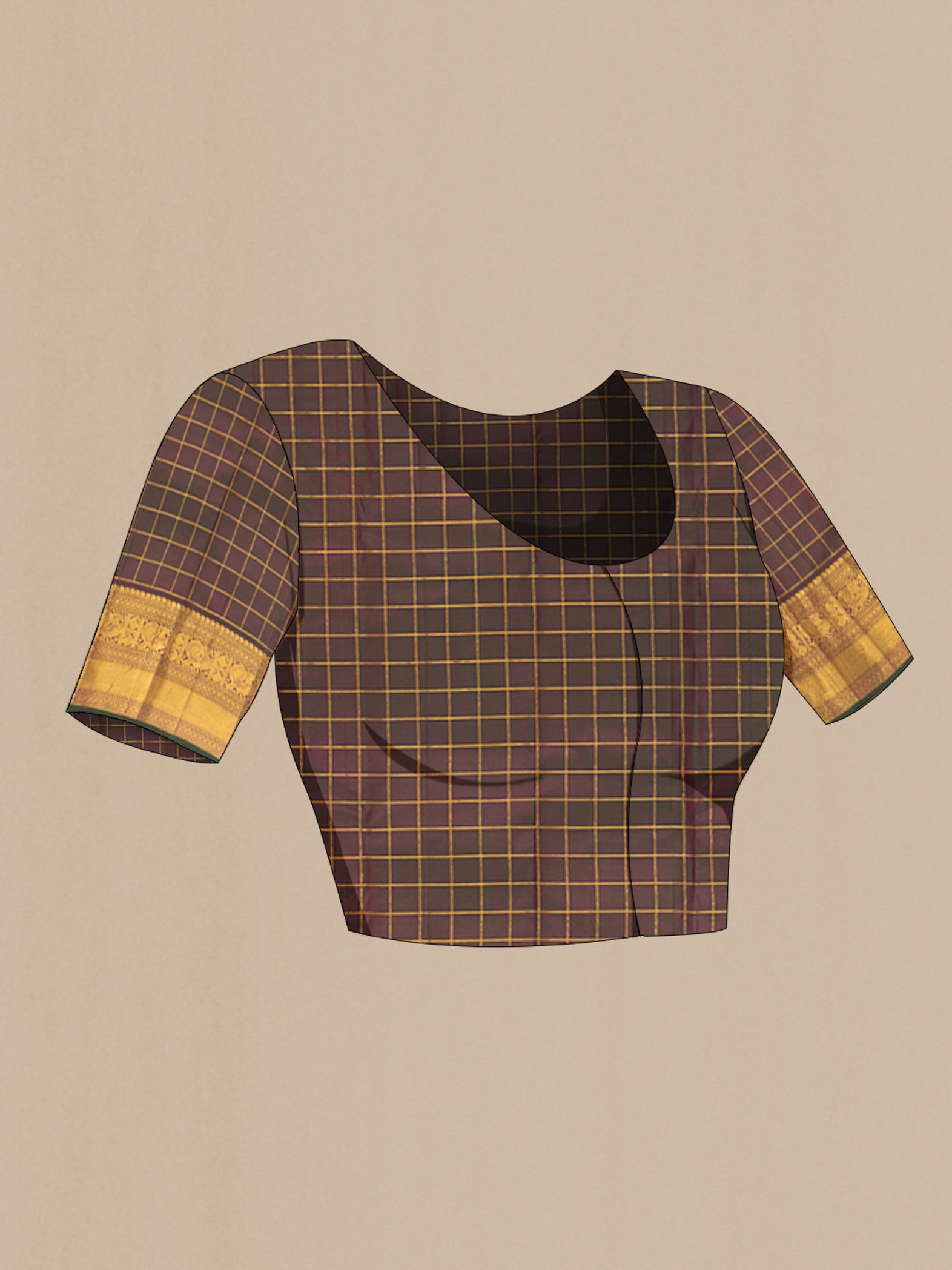 Close up image of the blouse of Purple Kanjivaram Silk Saree with Checked design on the body and Zari Border. 