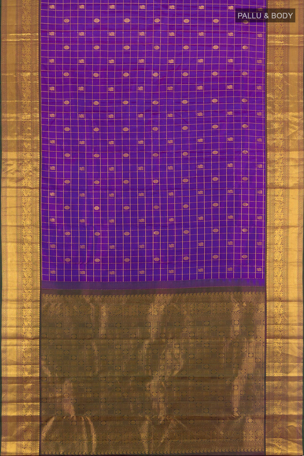 Flat view of Purple Kanjivaram Silk Saree with Checked design on the body and Zari Border. 
