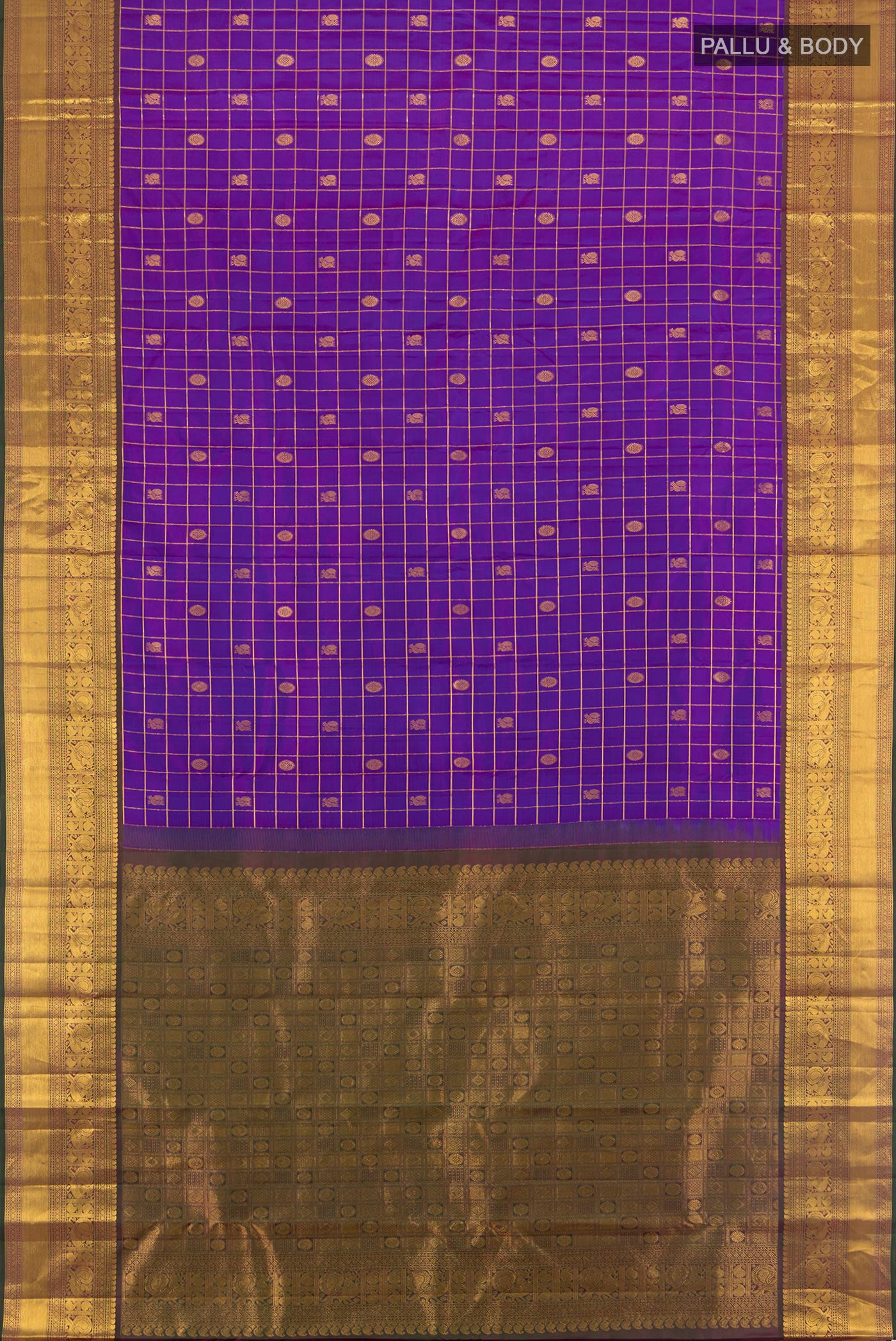 Flat view of Purple Kanjivaram Silk Saree with Checked design on the body and Zari Border. 