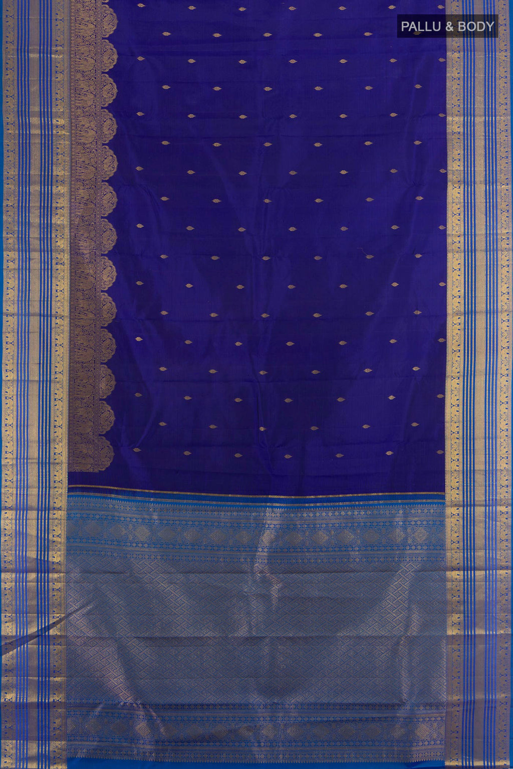 Flat view of Pure Silk Dark Blue Kanjivaram Saree with Zari Butta on the body and Zari Border. 