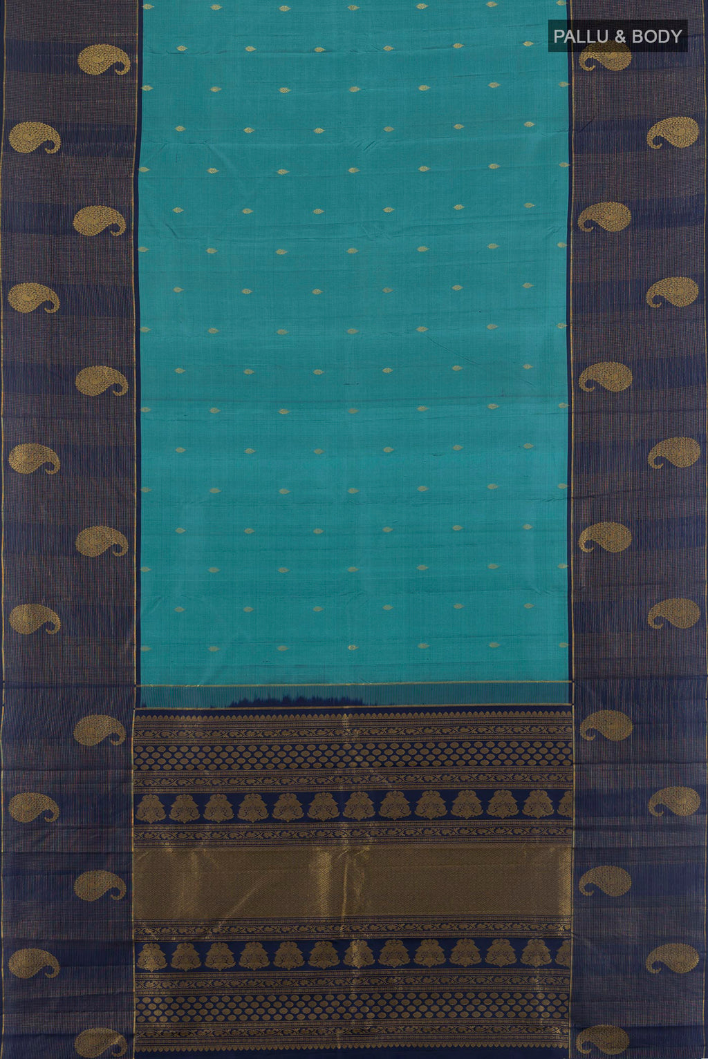 Flat view of Pure Silk Peacock Blue Kanchipuram Saree with Zari Butta on the body and Zari Border. 