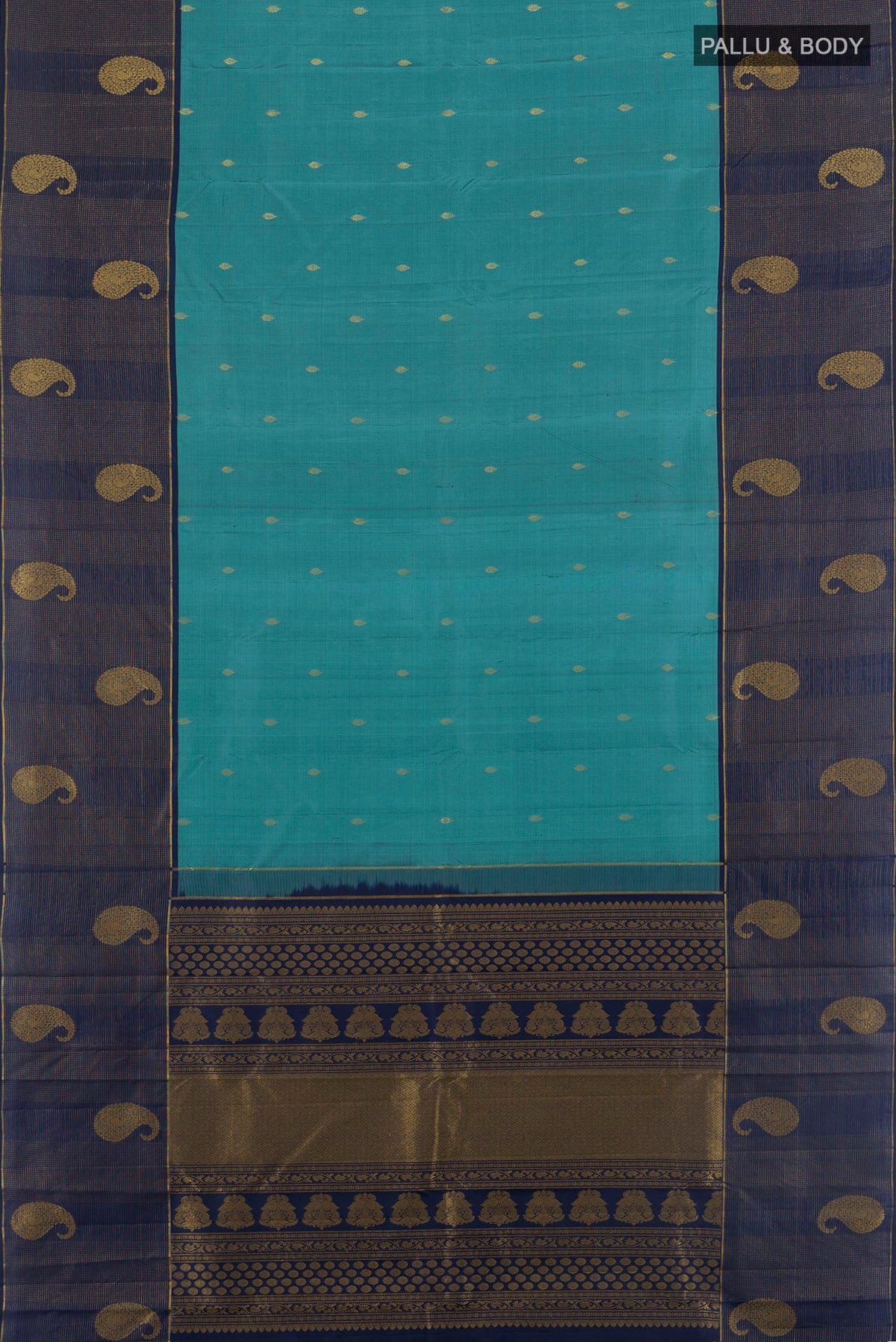 Flat view of Pure Silk Peacock Blue Kanchipuram Saree with Zari Butta on the body and Zari Border. 