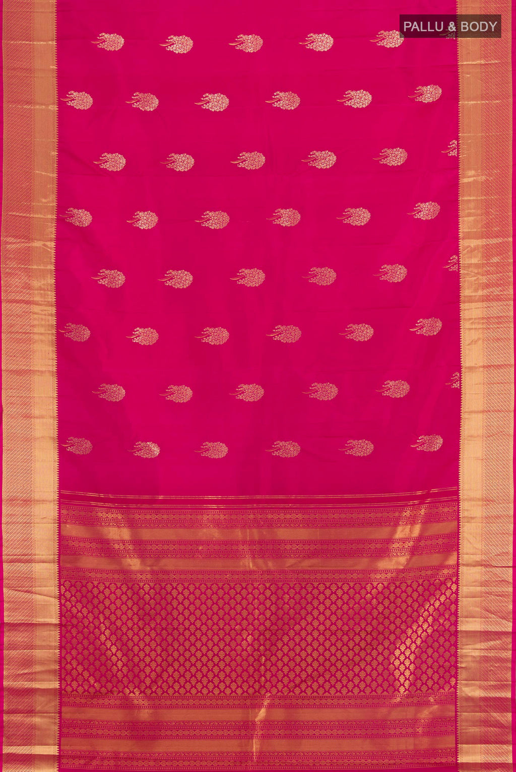 Flat view of Pink Kanjivaram Silk Saree with Zari Butta on the body and Zari Border. 