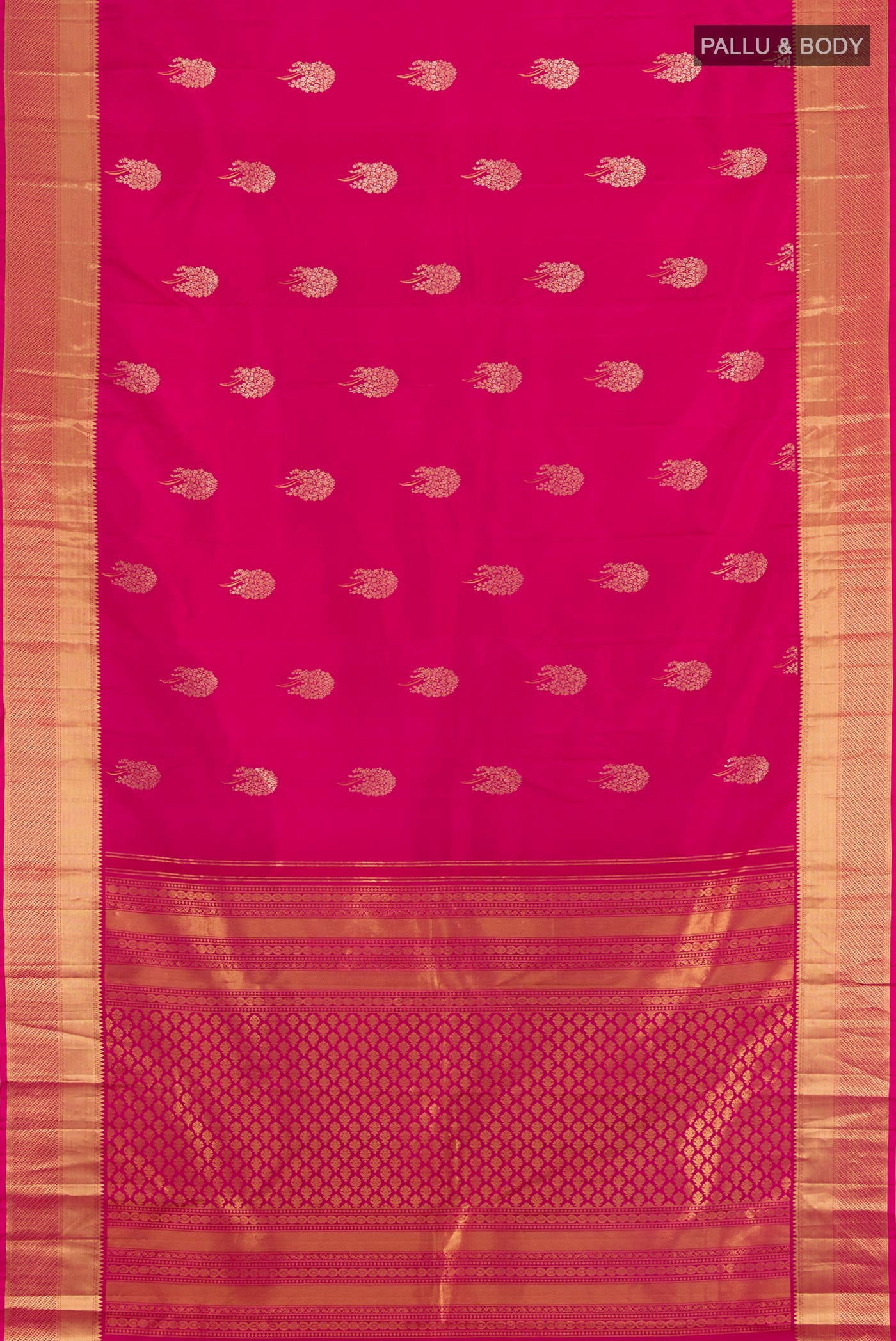 Flat view of Pink Kanjivaram Silk Saree with Zari Butta on the body and Zari Border. 